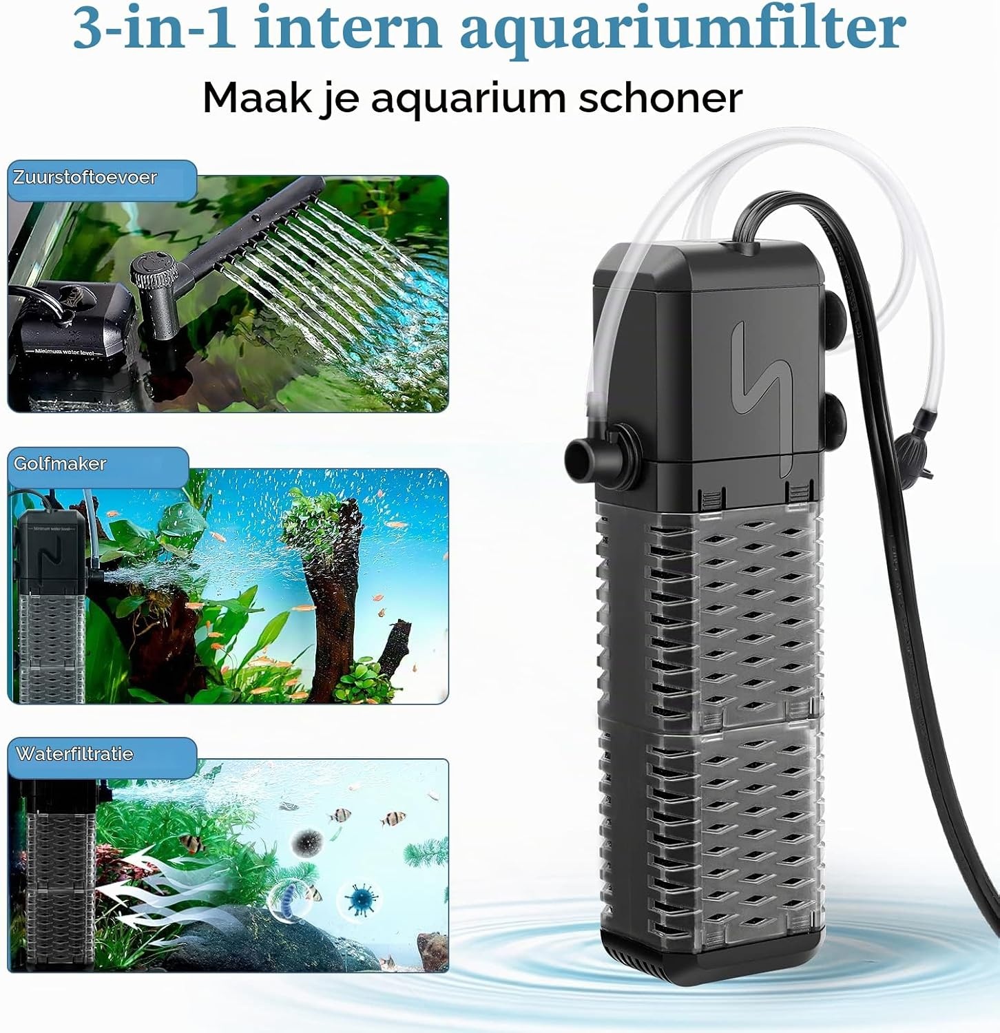 Aquarium Binnenfilter 3-in-1 tot 250L | 800L/H | 9W | Stil & Regen/Beluchting | 32% Korting