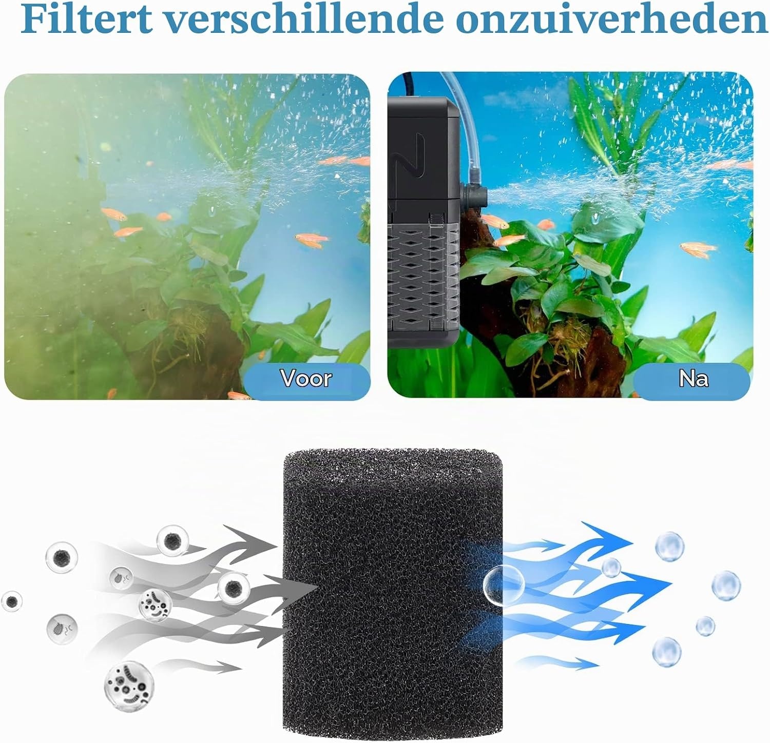 Aquarium Binnenfilter 3-in-1 tot 250L | 800L/H | 9W | Stil & Regen/Beluchting | 32% Korting