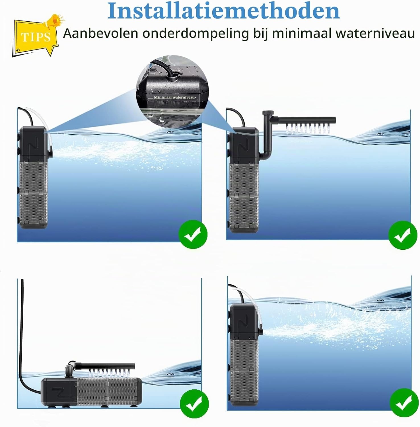Aquarium Binnenfilter 3-in-1 tot 250L | 800L/H | 9W | Stil & Regen/Beluchting | 32% Korting