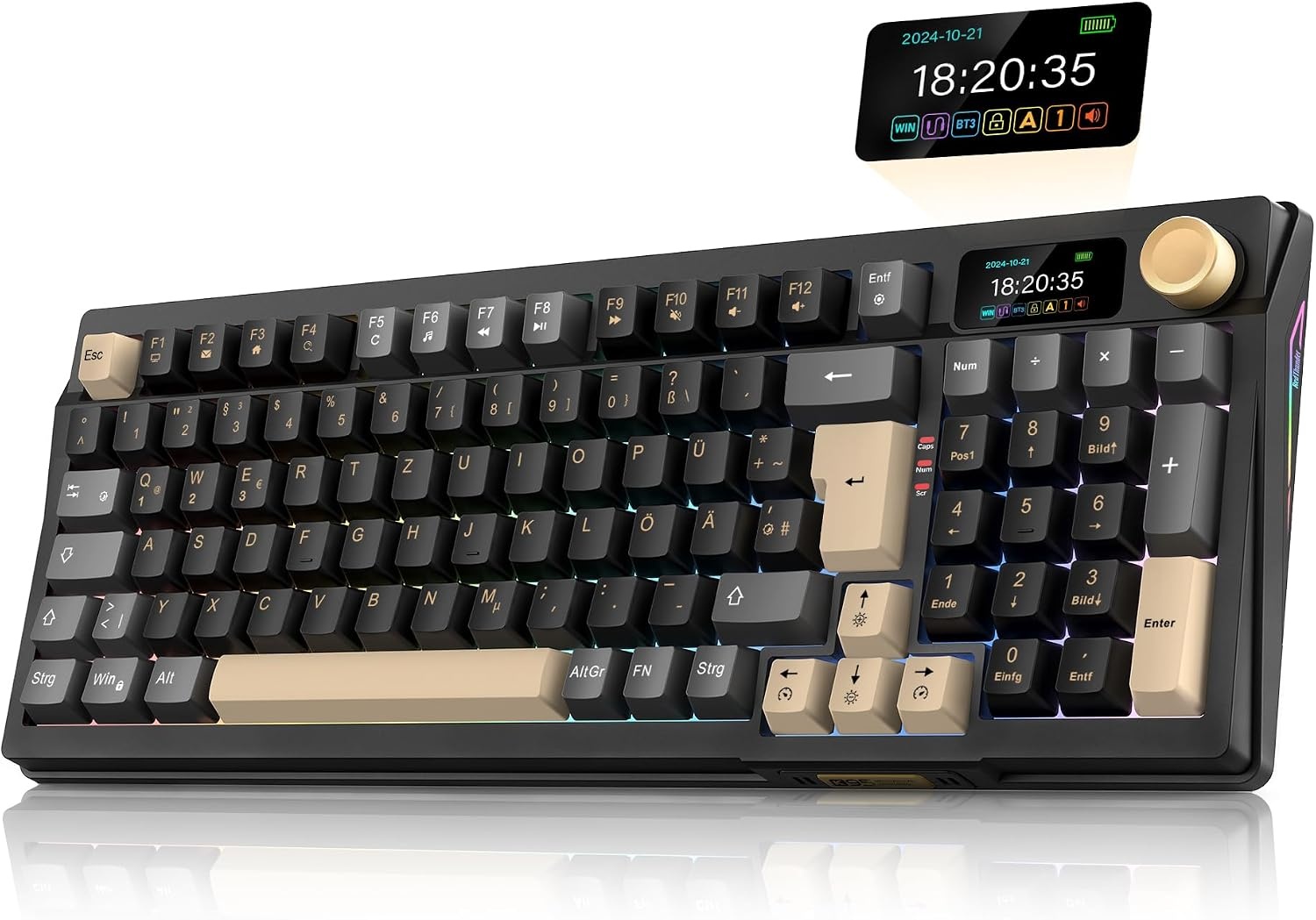 RedThunder K95 Draadloos mechanisch gamingtoetsenbord met 1,88 inch display en knop, DE-lay-out, schok- en geluidsabsorberende gasketen, BT/USB-C/2,4 GHz, software, hot-swap-compatibel, lineaire