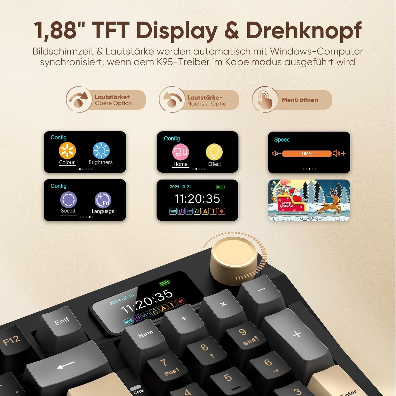 RedThunder K95 Draadloos mechanisch gamingtoetsenbord met 1,88 inch display en knop, DE-lay-out, schok- en geluidsabsorberende gasketen, BT/USB-C/2,4 GHz, software, hot-swap-compatibel, lineaire