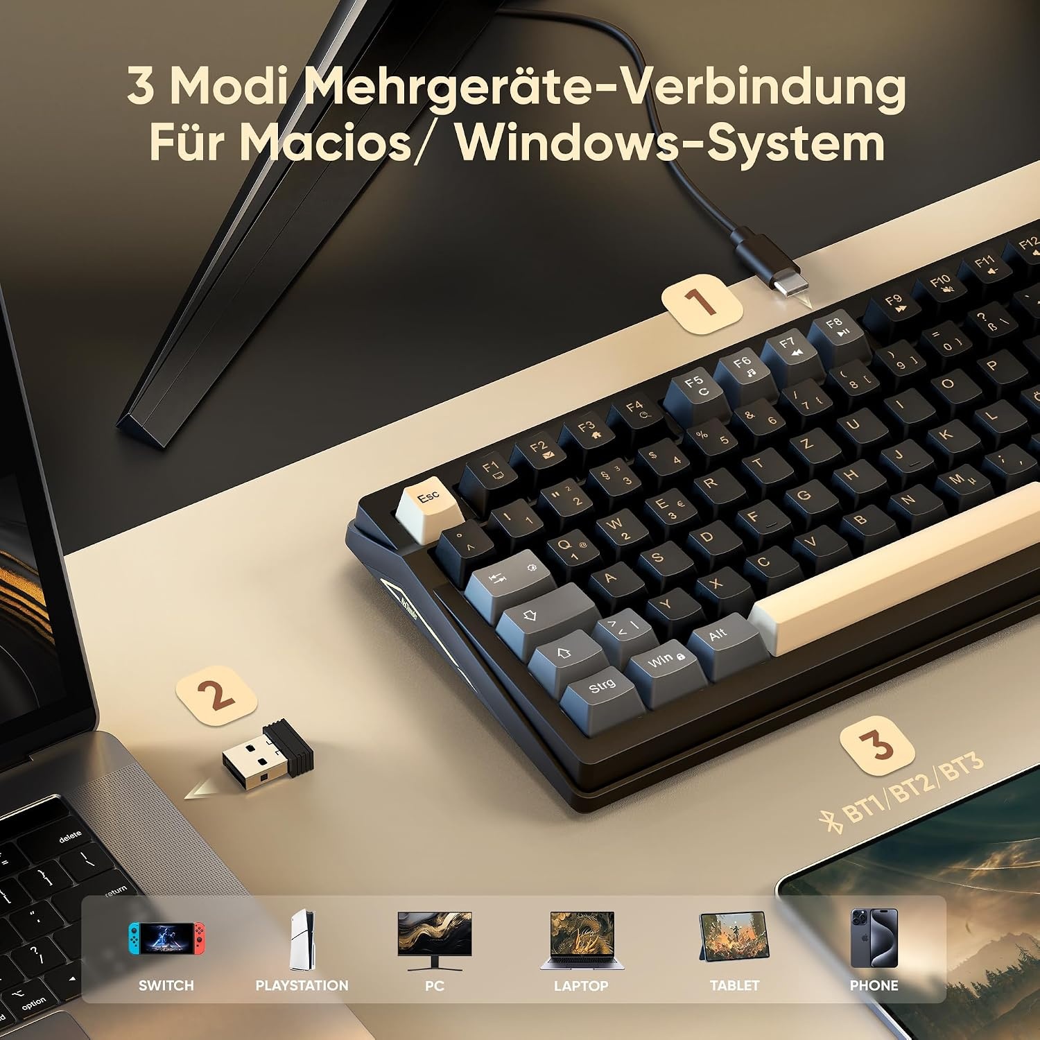 RedThunder K95 Draadloos mechanisch gamingtoetsenbord met 1,88 inch display en knop, DE-lay-out, schok- en geluidsabsorberende gasketen, BT/USB-C/2,4 GHz, software, hot-swap-compatibel, lineaire