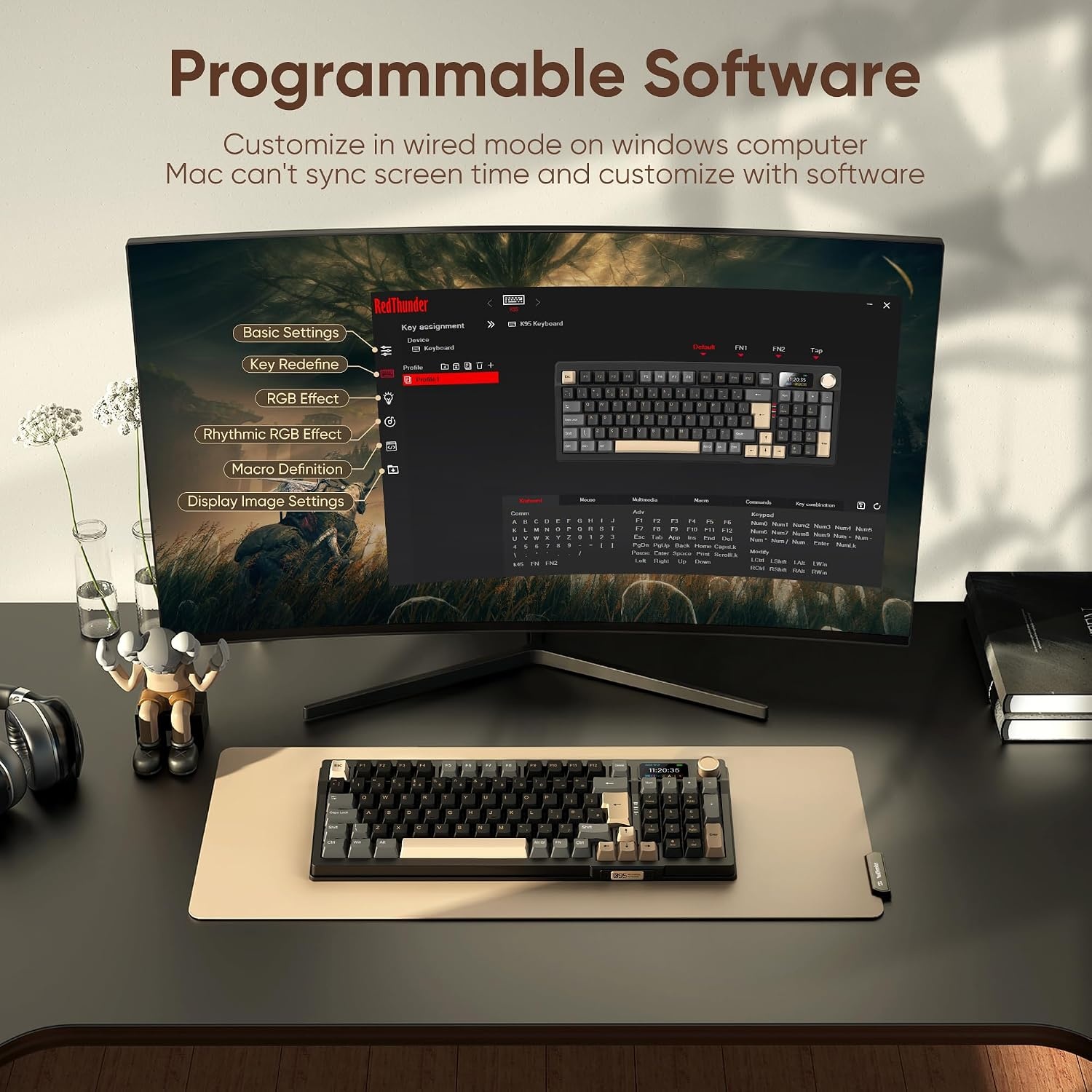 RedThunder K95 Draadloos mechanisch gamingtoetsenbord met 1,88 inch display en knop, DE-lay-out, schok- en geluidsabsorberende gasketen, BT/USB-C/2,4 GHz, software, hot-swap-compatibel, lineaire