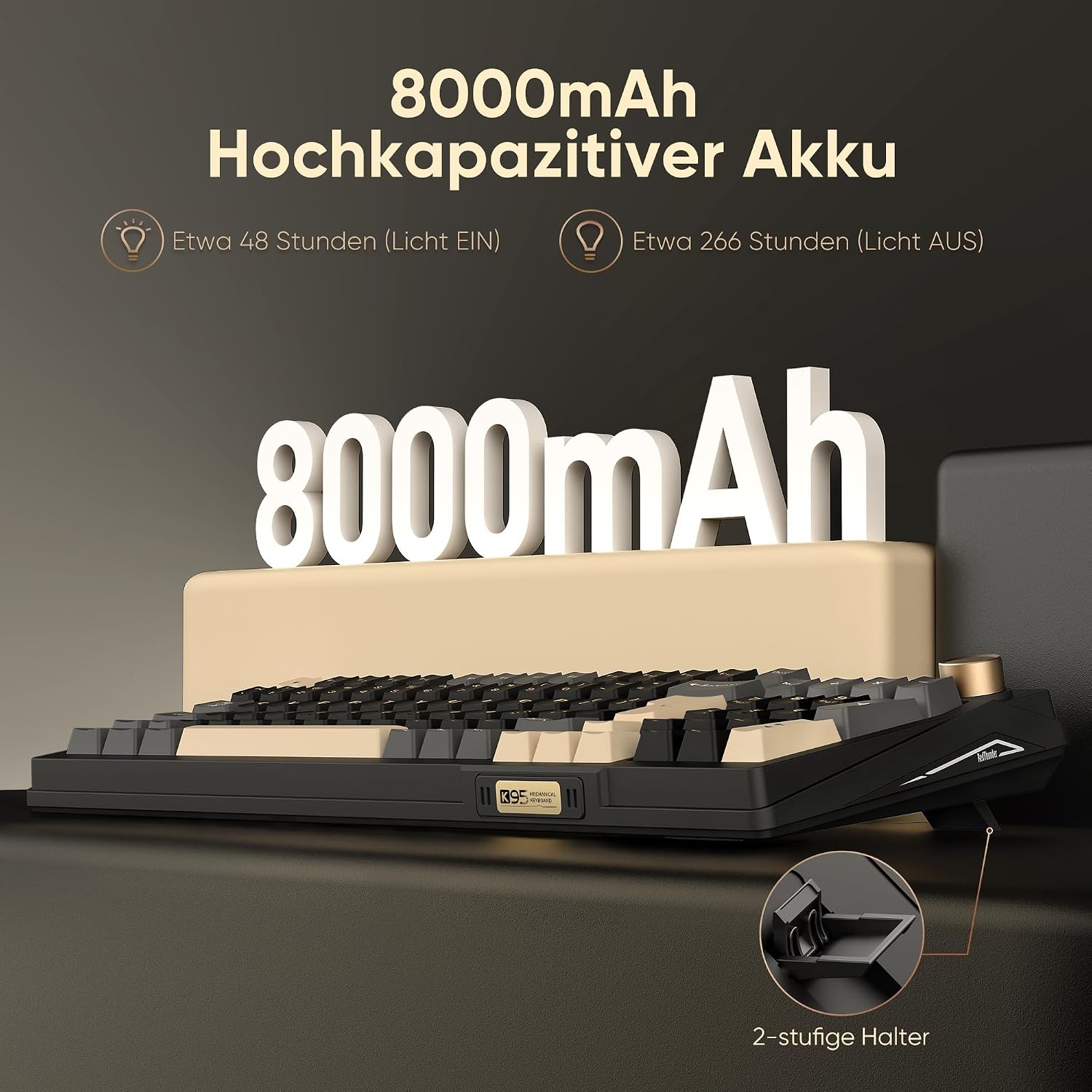 RedThunder K95 Draadloos mechanisch gamingtoetsenbord met 1,88 inch display en knop, DE-lay-out, schok- en geluidsabsorberende gasketen, BT/USB-C/2,4 GHz, software, hot-swap-compatibel, lineaire