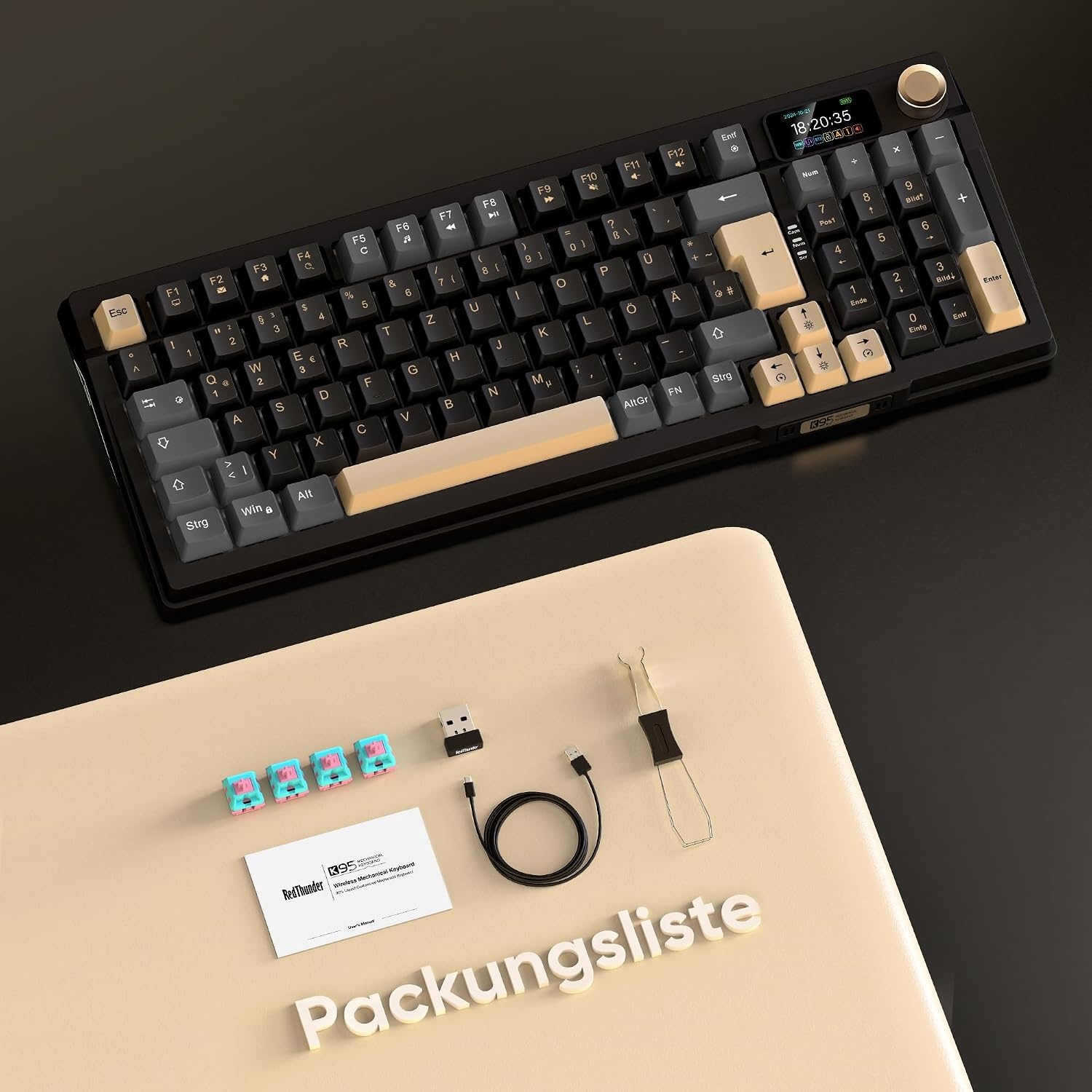 RedThunder K95 Draadloos mechanisch gamingtoetsenbord met 1,88 inch display en knop, DE-lay-out, schok- en geluidsabsorberende gasketen, BT/USB-C/2,4 GHz, software, hot-swap-compatibel, lineaire