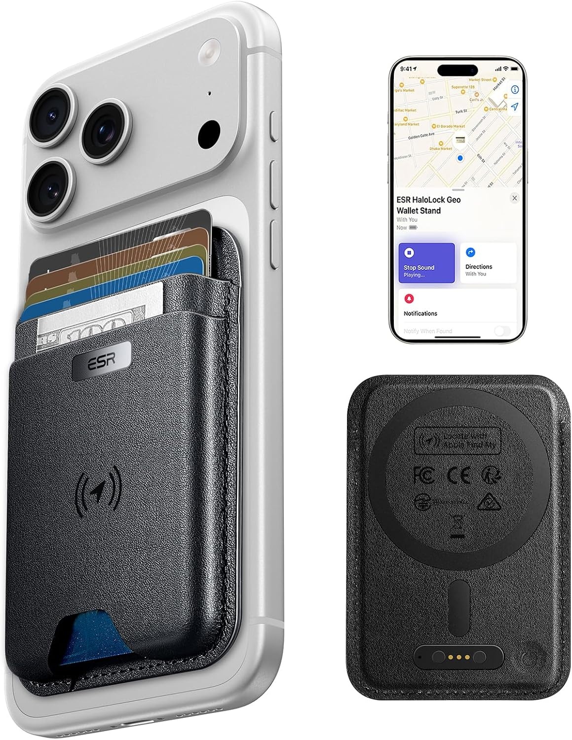 ESR MagSafe-portemonnee met Find My Functionaliteit, 5 kaarthouders, RFID-blokkering, sterke magnetische portemonnee tracker, voor iPhone 17e/17/16/15/14/13/12 serie, niet 13/12 Mini, zwart
