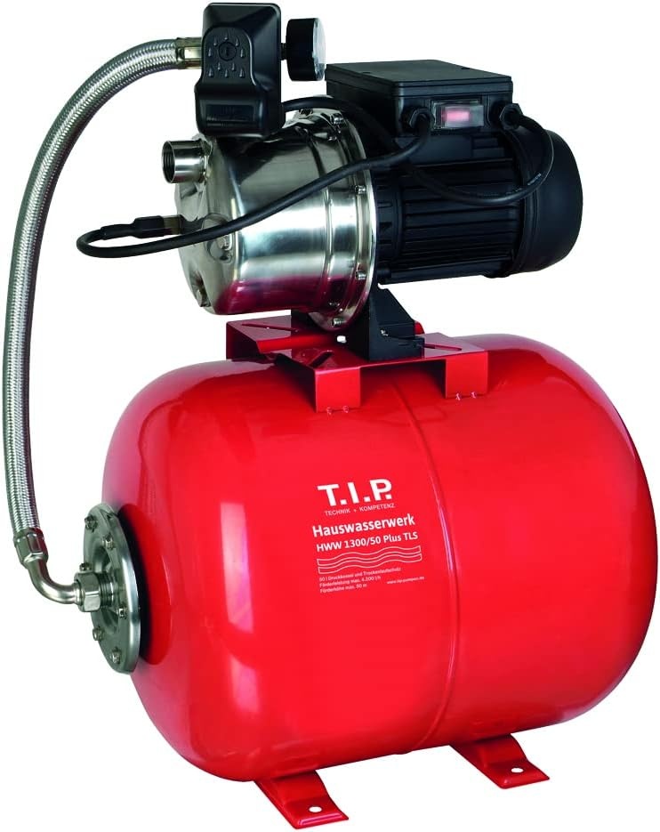 T.I.P. HWW 1300/50 Plus TLS 31311 Hydrofoorpomp met drukvat, debiet van 4.200 l/u, max. opvoerhoogte/max. druk van 50 m/5,0 bar, 1.200 watt, droogloopbeveiliging, stalen drukvat van 50 liter - Maat Fördermenge 4.200 l/h