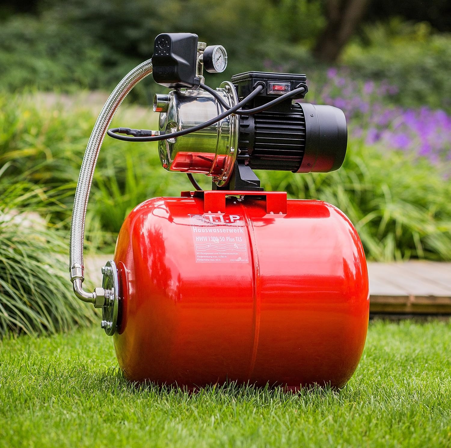 T.I.P. HWW 1300/50 Plus TLS 31311 Hydrofoorpomp met drukvat, debiet van 4.200 l/u, max. opvoerhoogte/max. druk van 50 m/5,0 bar, 1.200 watt, droogloopbeveiliging, stalen drukvat van 50 liter - Maat Fördermenge 4.200 l/h