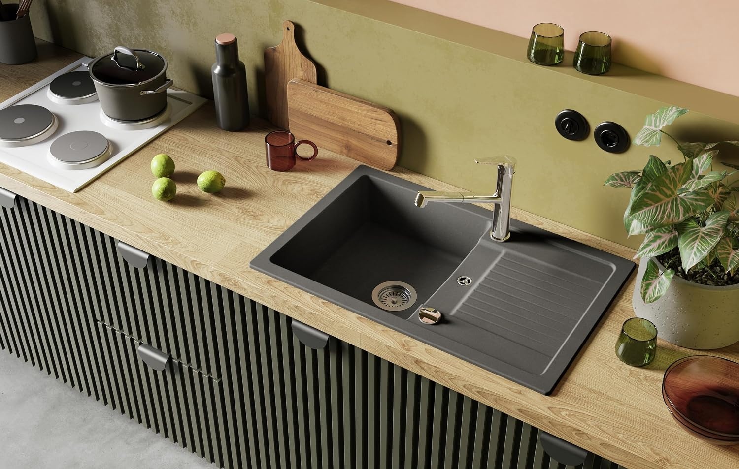 SCHOCK Keukenaanrecht 78 x 50 cm Lima D-100S Nero - CRISTALITE granieten spoelbak vanaf 50 cm breedte onderkast