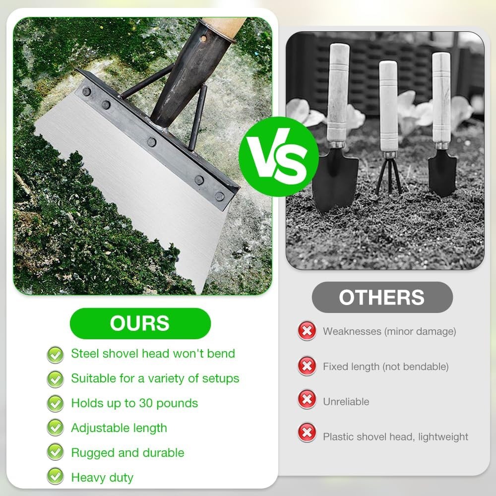 Multifunctionele reinigingsschep, grote tuinschep, platte schep voor in de tuin van mangaanstaal, stootschaar met steel voor het verwijderen van onkruid, mos, sneeuwscheppen en ontdooien