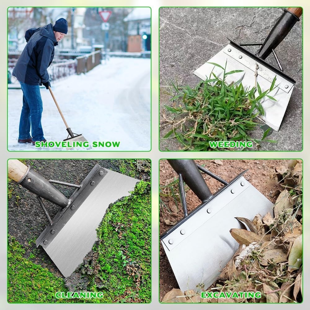 Multifunctionele reinigingsschep, grote tuinschep, platte schep voor in de tuin van mangaanstaal, stootschaar met steel voor het verwijderen van onkruid, mos, sneeuwscheppen en ontdooien