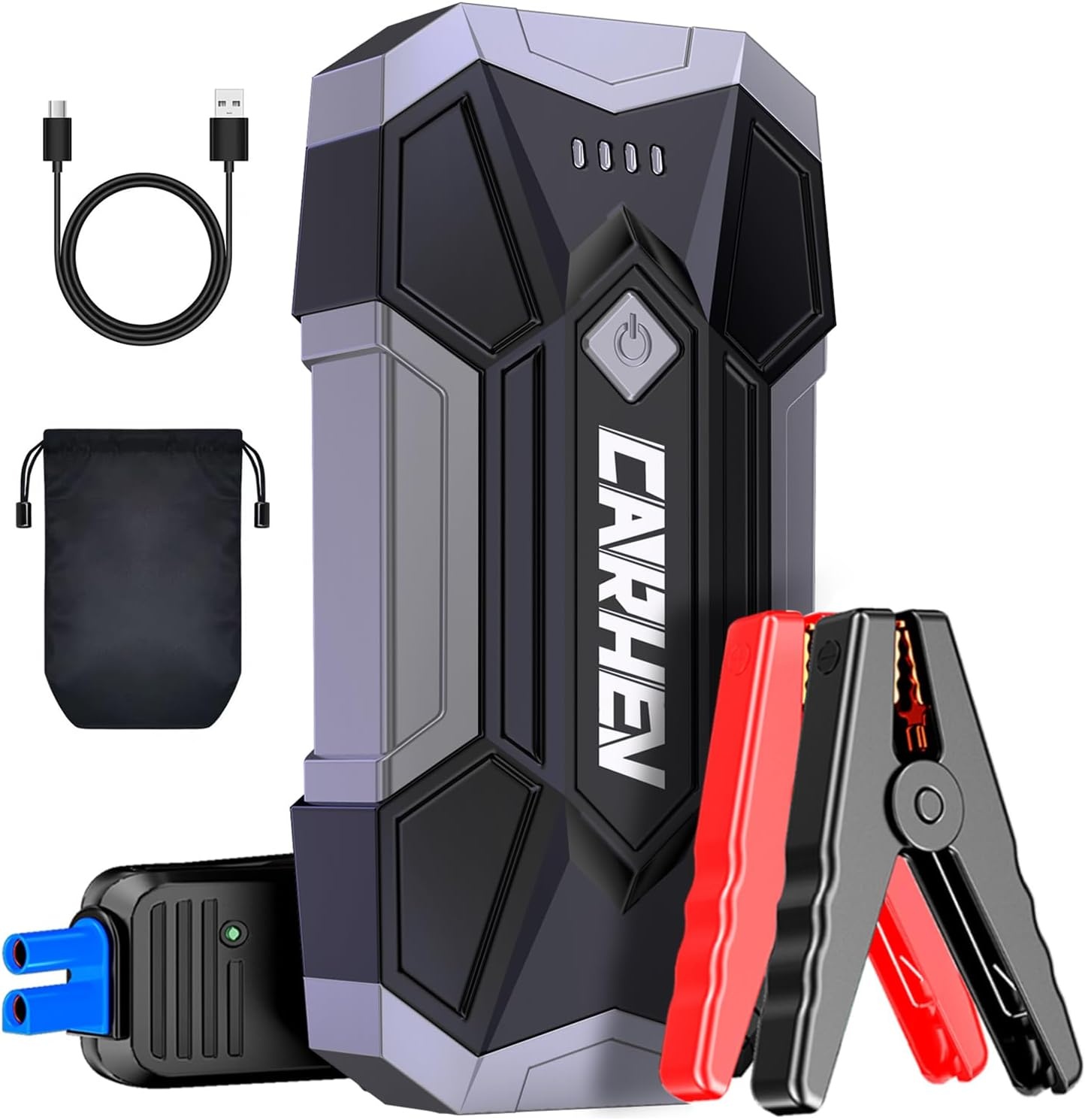 CARHEV 4500A Auto Starthulp Pack, Startbooster, Jump starter, Power bank en Startkabel voor 8,0L Benzinemotor of 8,0L Dieslmotor, met USB Quick Charge 3.0 Pack Type-C Draagbare Autoaccu starter.