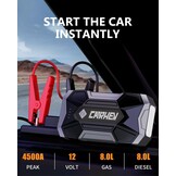 CARHEV 4500A Auto Starthulp Pack, Startbooster, Jump starter, Power bank en Startkabel voor 8,0L Benzinemotor of 8,0L Dieslmotor, met USB Quick Charge 3.0 Pack Type-C Draagbare Autoaccu starter.