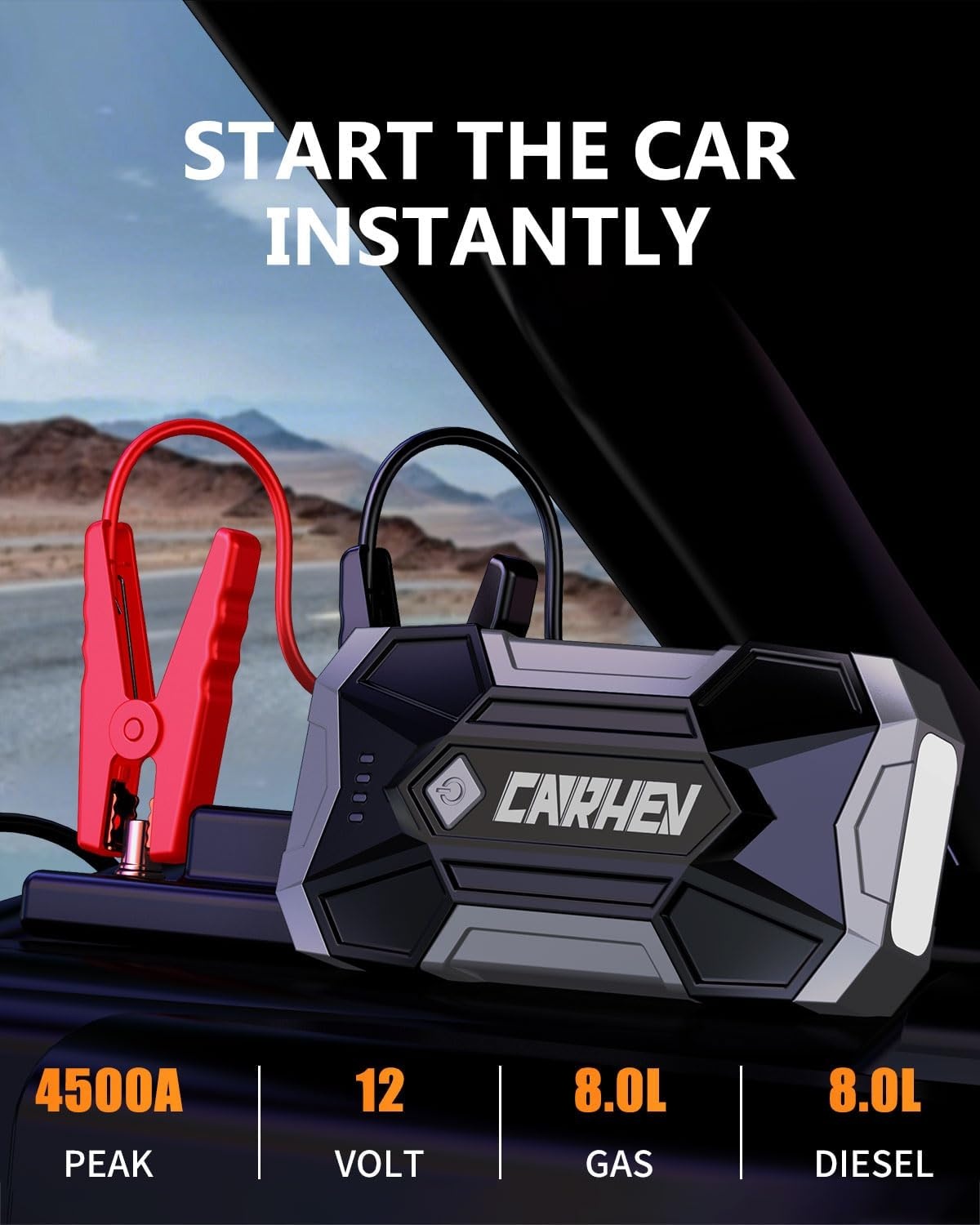 CARHEV 4500A Auto Starthulp Pack, Startbooster, Jump starter, Power bank en Startkabel voor 8,0L Benzinemotor of 8,0L Dieslmotor, met USB Quick Charge 3.0 Pack Type-C Draagbare Autoaccu starter.