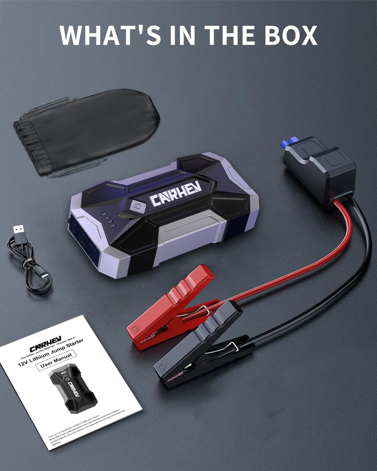 CARHEV 4500A Auto Starthulp Pack, Startbooster, Jump starter, Power bank en Startkabel voor 8,0L Benzinemotor of 8,0L Dieslmotor, met USB Quick Charge 3.0 Pack Type-C Draagbare Autoaccu starter.