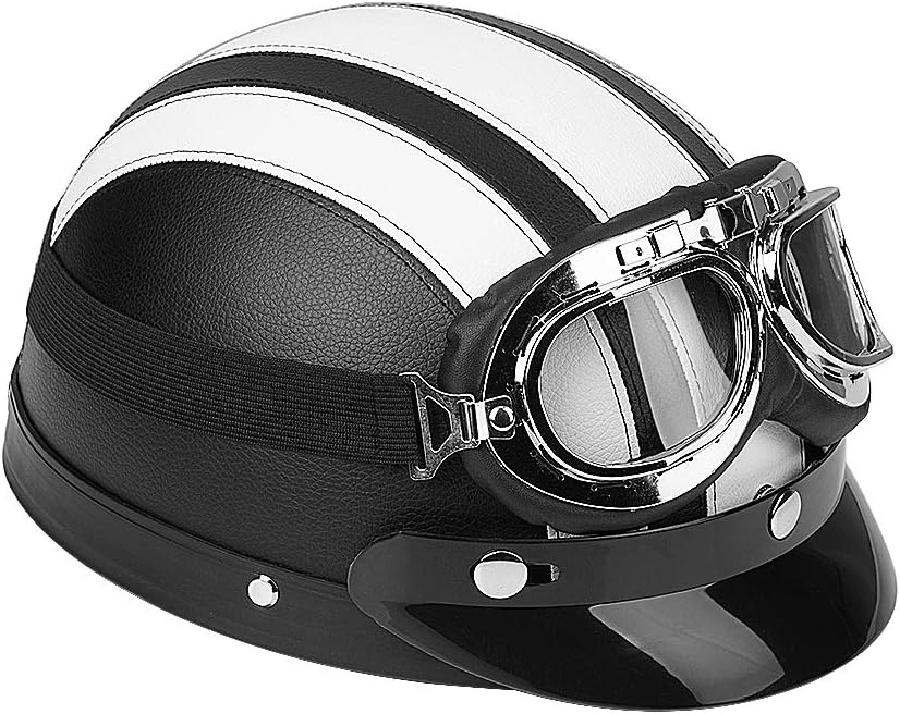 Halfopen lederen helm, halflederen helm voor scooter, met UV-vizierbril, halfopen motorhelm Universele scooter voor motor (wit)
