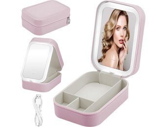 JIZZU Make-uptas voor op reis met led-verlichte spiegel, 3 kleuren led-licht cosmeticakoffer, draagbare reissieraden make-up organizer, cadeau voor vrouwen, uitstapje, reis, reizen, roze, Draagbaar
