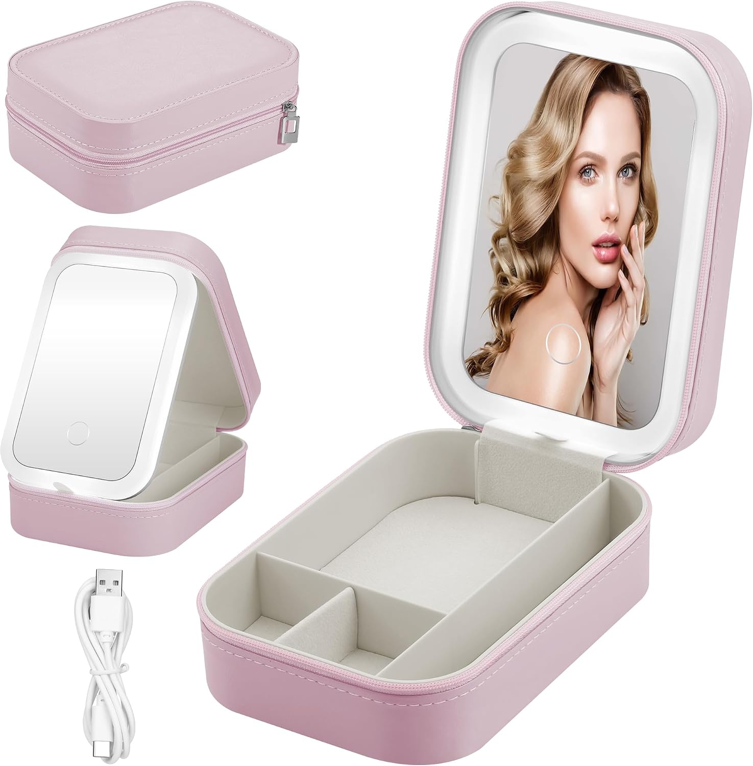 JIZZU Make-uptas voor op reis met led-verlichte spiegel, 3 kleuren led-licht cosmeticakoffer, draagbare reissieraden make-up organizer, cadeau voor vrouwen, uitstapje, reis, reizen, roze, Draagbaar