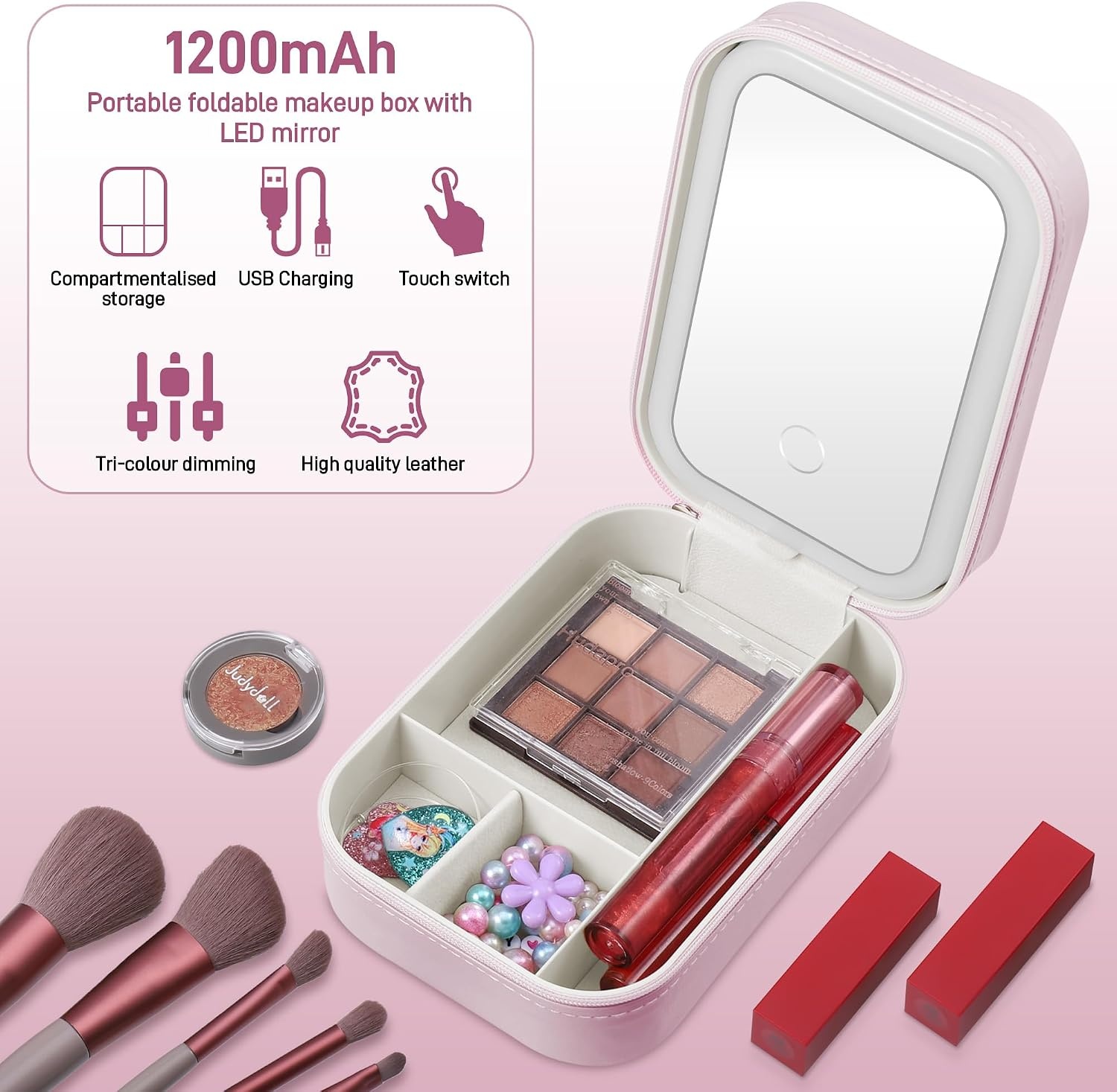 JIZZU Make-uptas voor op reis met led-verlichte spiegel, 3 kleuren led-licht cosmeticakoffer, draagbare reissieraden make-up organizer, cadeau voor vrouwen, uitstapje, reis, reizen, roze, Draagbaar