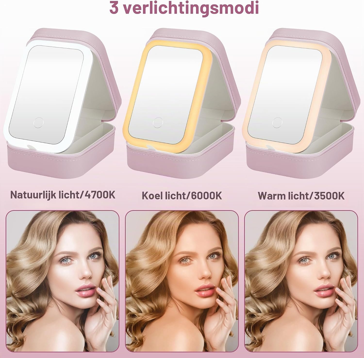 JIZZU Make-uptas voor op reis met led-verlichte spiegel, 3 kleuren led-licht cosmeticakoffer, draagbare reissieraden make-up organizer, cadeau voor vrouwen, uitstapje, reis, reizen, roze, Draagbaar