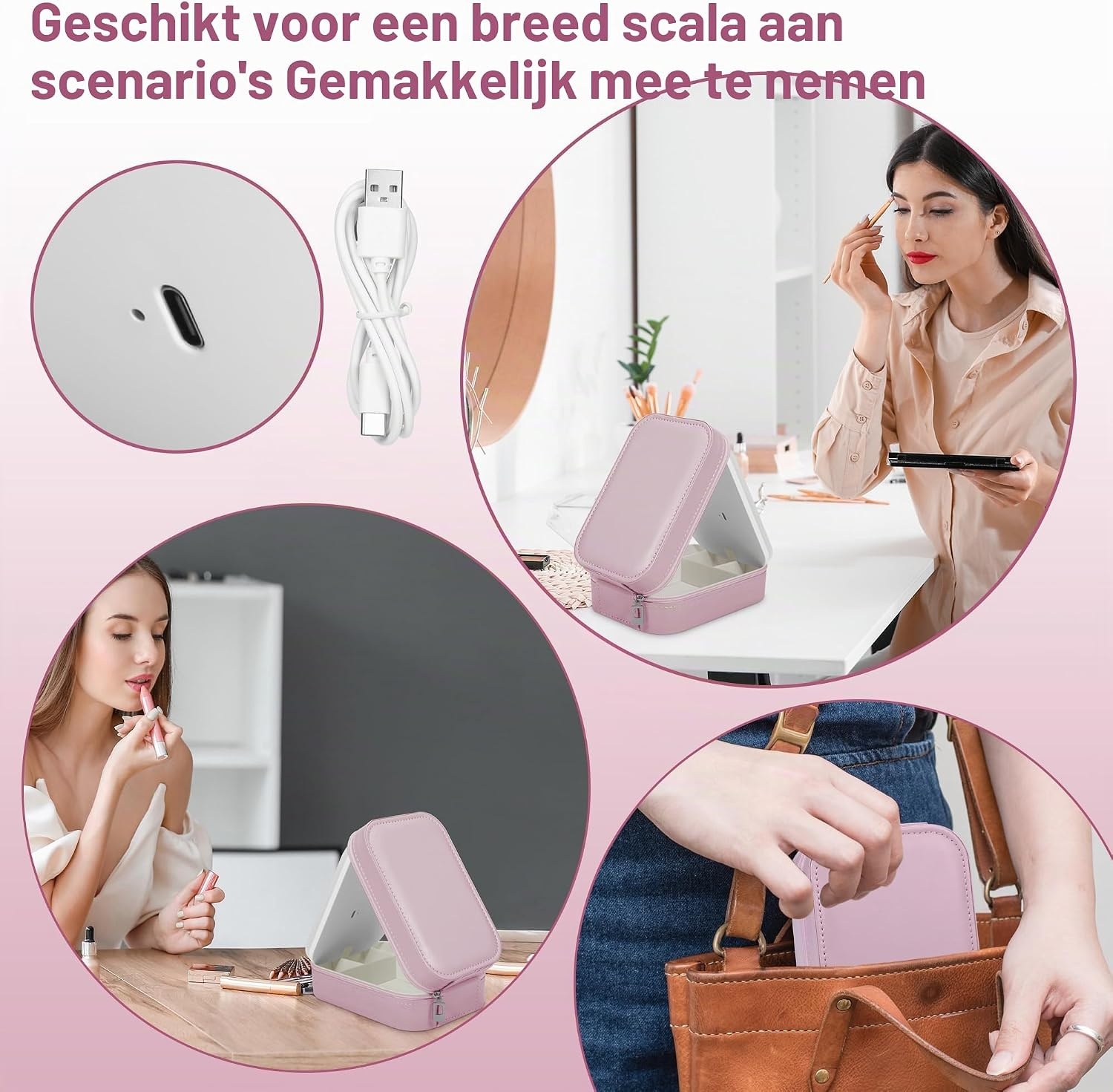 JIZZU Make-uptas voor op reis met led-verlichte spiegel, 3 kleuren led-licht cosmeticakoffer, draagbare reissieraden make-up organizer, cadeau voor vrouwen, uitstapje, reis, reizen, roze, Draagbaar