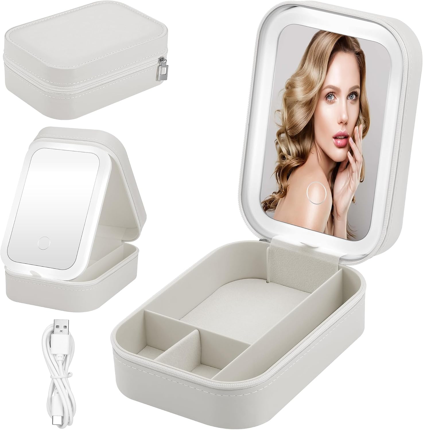 JIZZU Make-uptas voor op reis met led-verlichte spiegel, 3 kleuren led-licht cosmeticakoffer, draagbare reissieraden make-up organizer, cadeau voor vrouwen, uitstapje, reis, reizen, roze, Draagbaar