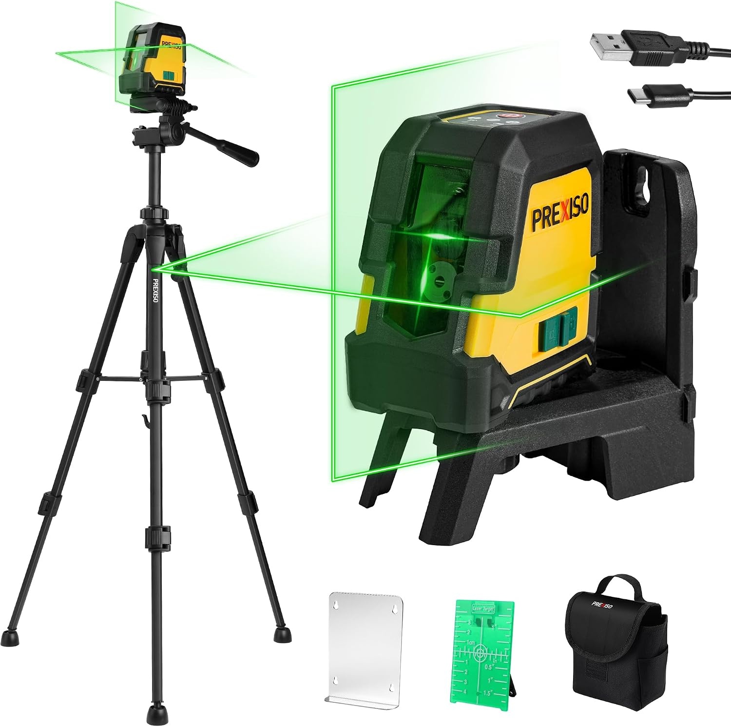 PREXISO Kruislijnlaser met Statief Groen 30m, Zelfnivellerende Lijnlaser met Dubbele Lasermodule, met Magnetische Houder & Statief, USB-Opladen, voor Bouw, Vloertegels, Woningrenovatie