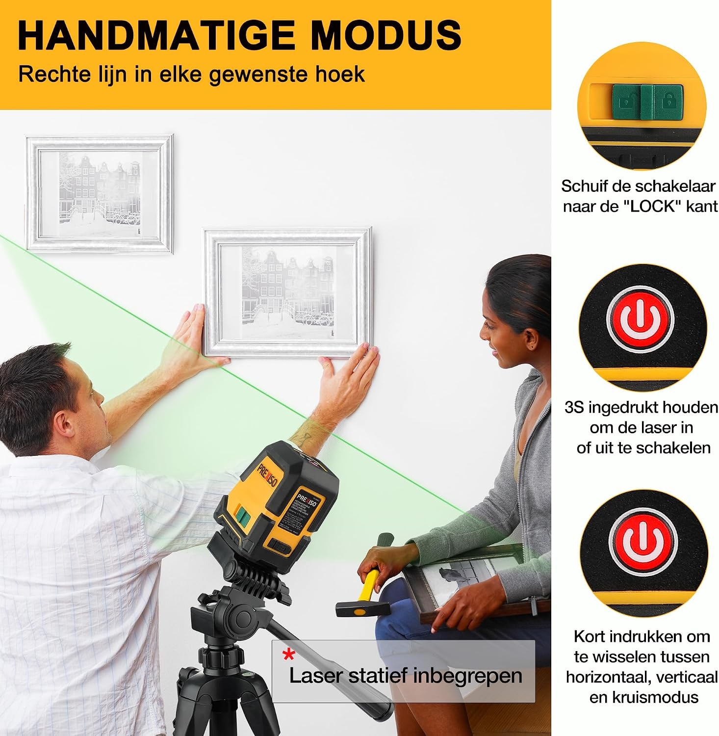 PREXISO Kruislijnlaser met Statief Groen 30m, Zelfnivellerende Lijnlaser met Dubbele Lasermodule, met Magnetische Houder & Statief, USB-Opladen, voor Bouw, Vloertegels, Woningrenovatie