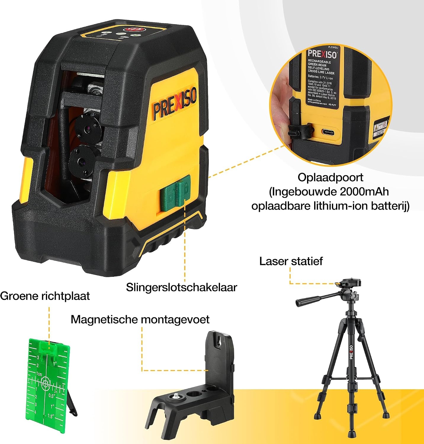 PREXISO Kruislijnlaser met Statief Groen 30m, Zelfnivellerende Lijnlaser met Dubbele Lasermodule, met Magnetische Houder & Statief, USB-Opladen, voor Bouw, Vloertegels, Woningrenovatie