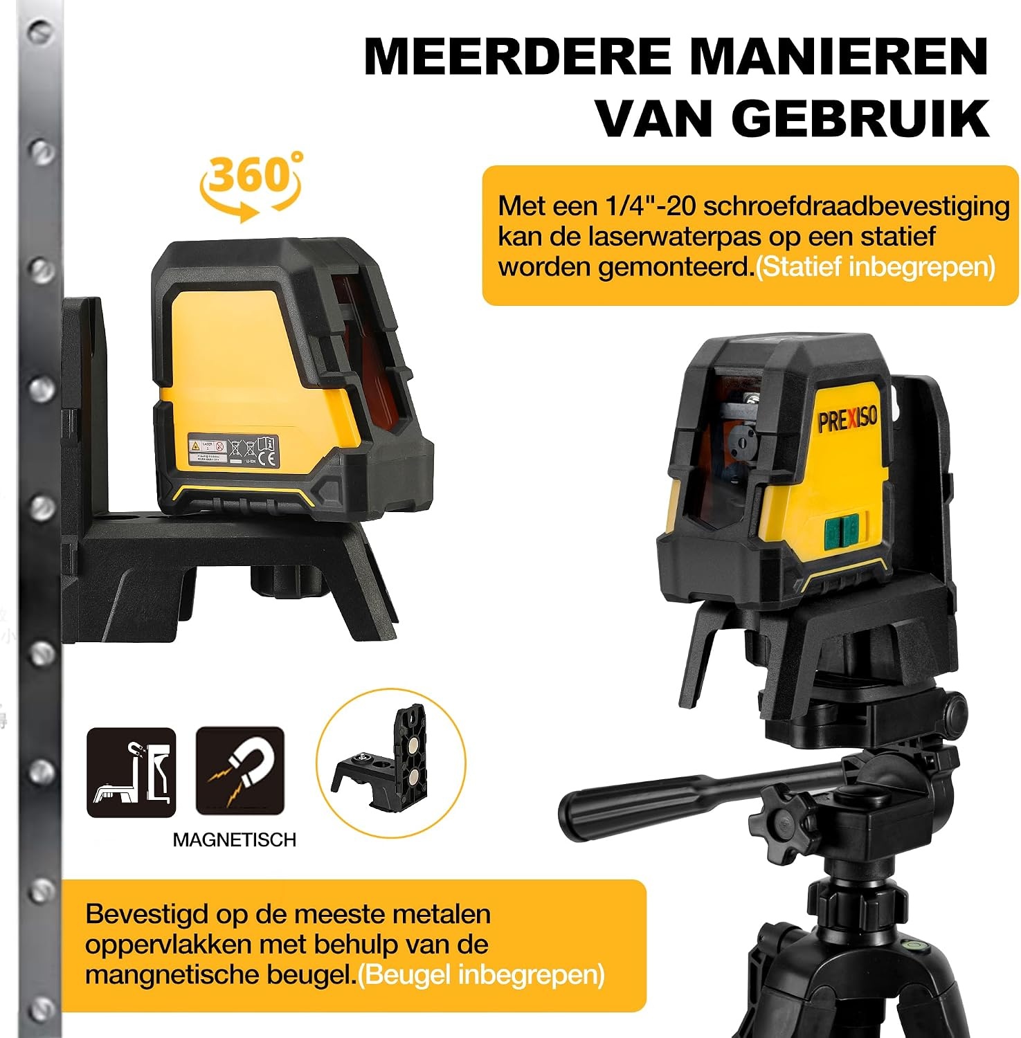 PREXISO Kruislijnlaser met Statief Groen 30m, Zelfnivellerende Lijnlaser met Dubbele Lasermodule, met Magnetische Houder & Statief, USB-Opladen, voor Bouw, Vloertegels, Woningrenovatie