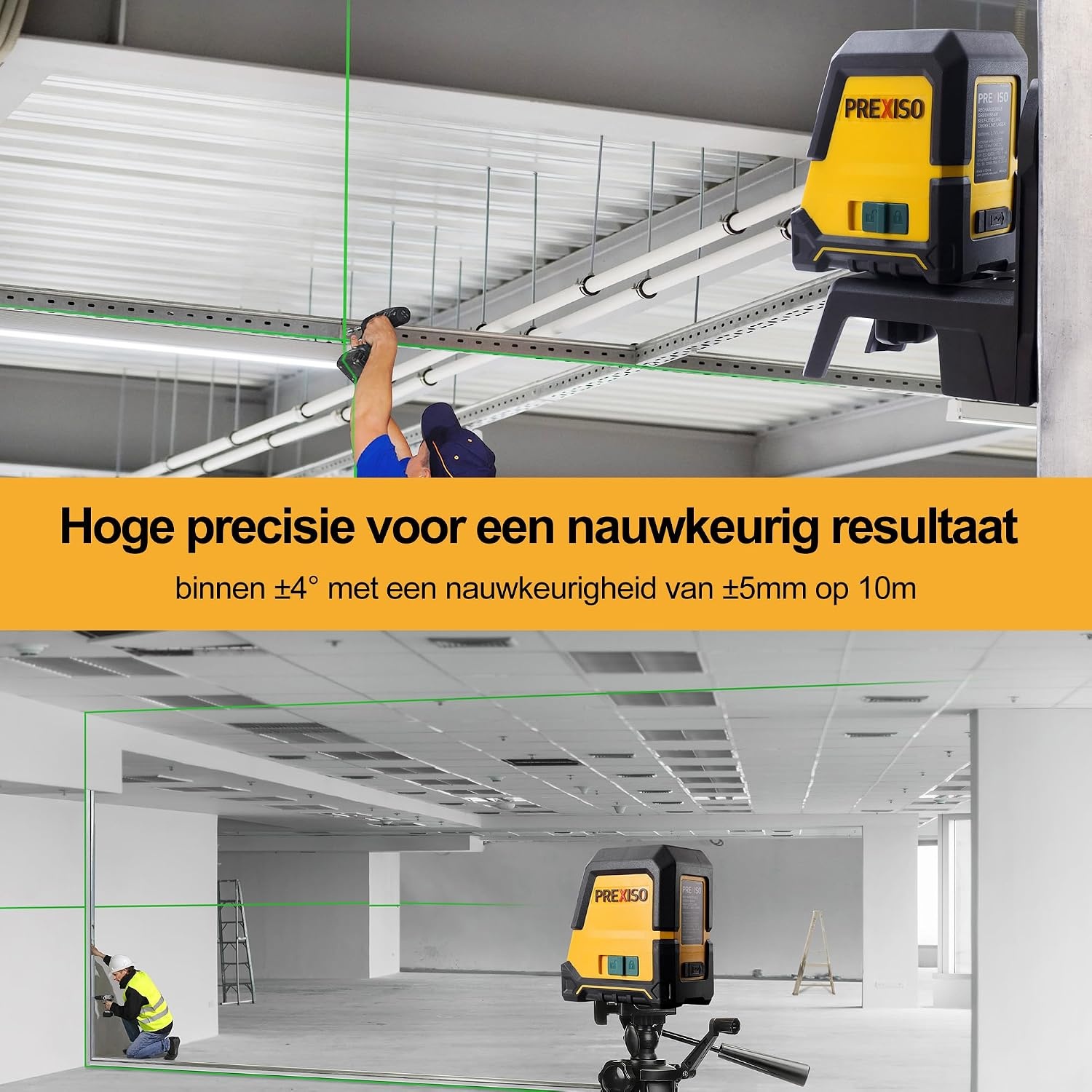 PREXISO Kruislijnlaser met Statief Groen 30m, Zelfnivellerende Lijnlaser met Dubbele Lasermodule, met Magnetische Houder & Statief, USB-Opladen, voor Bouw, Vloertegels, Woningrenovatie
