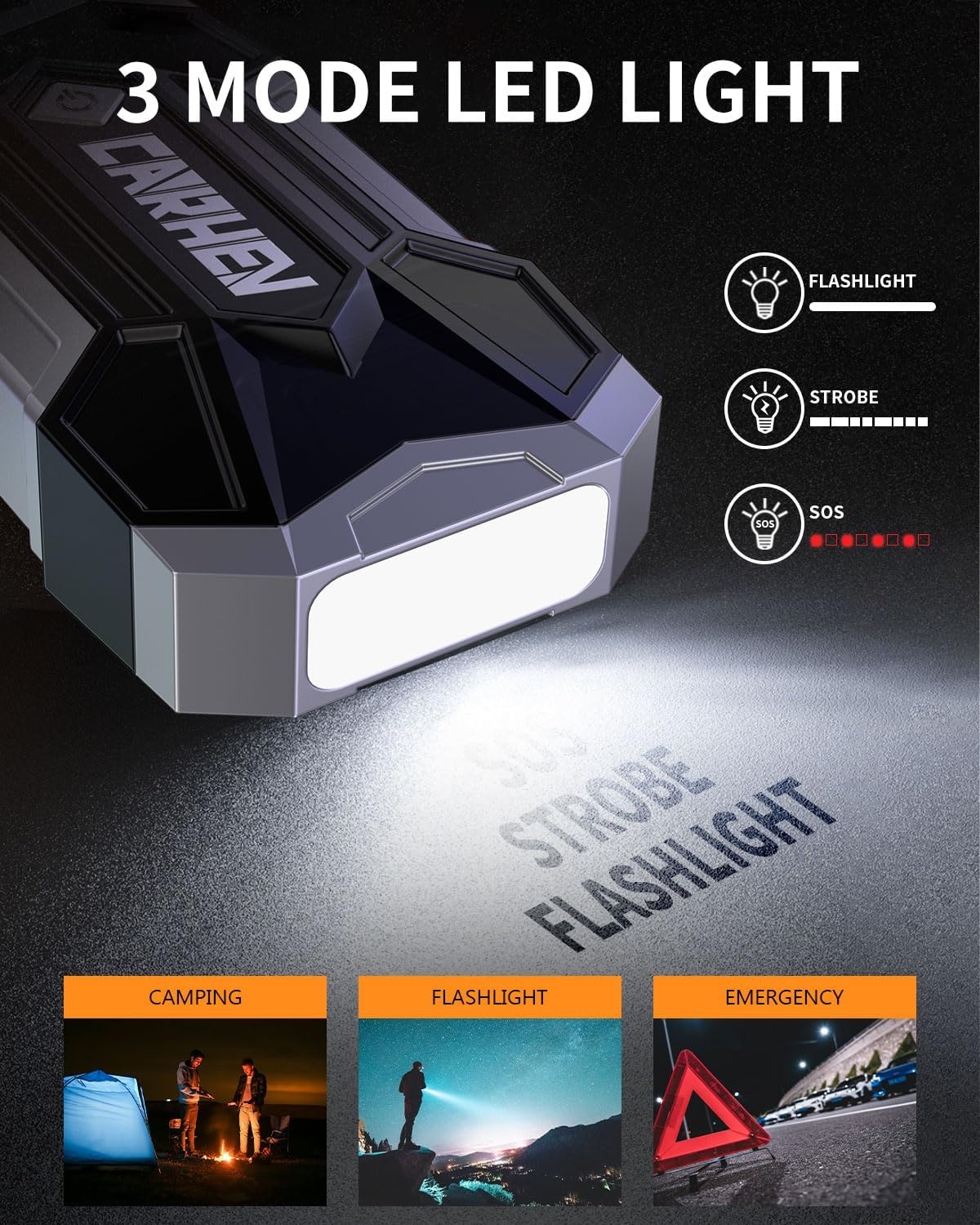 CARHEV 4500A Auto Starthulp Pack, Startbooster, Jump starter, Power bank en Startkabel voor 8,0L Benzinemotor of 8,0L Dieslmotor, met USB Quick Charge 3.0 Pack Type-C Draagbare Autoaccu starter.