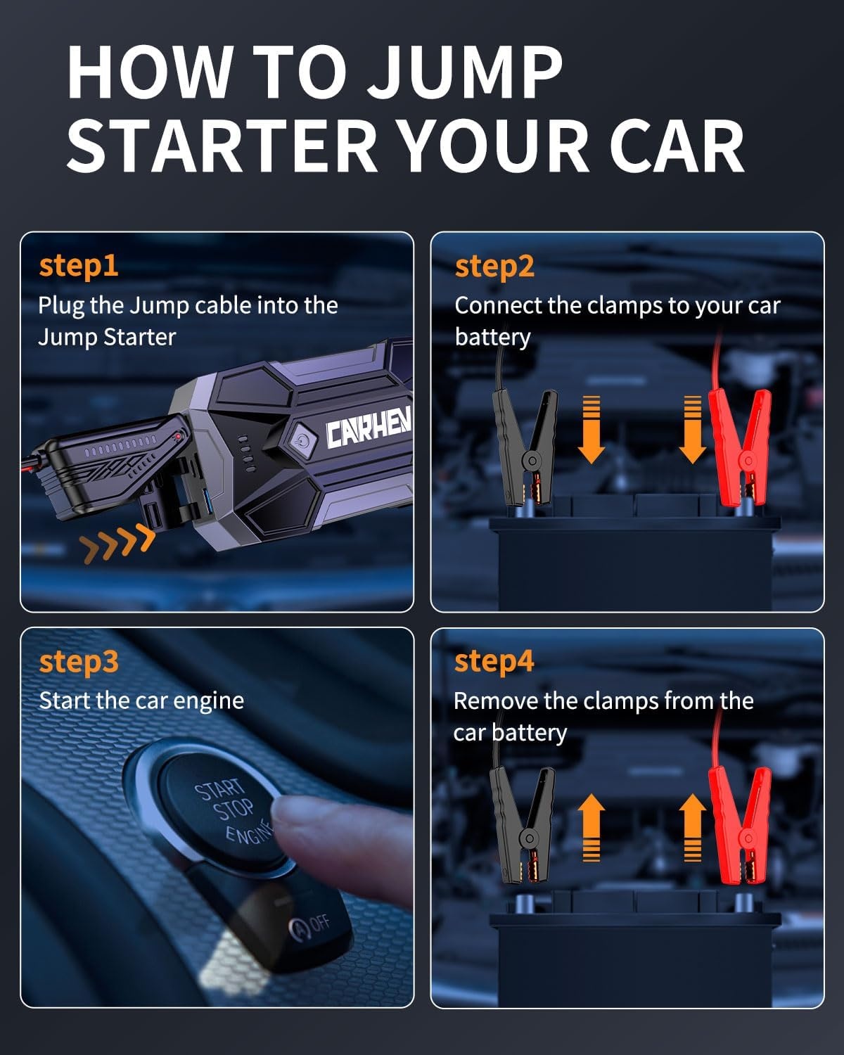 CARHEV 4500A Auto Starthulp Pack, Startbooster, Jump starter, Power bank en Startkabel voor 8,0L Benzinemotor of 8,0L Dieslmotor, met USB Quick Charge 3.0 Pack Type-C Draagbare Autoaccu starter.