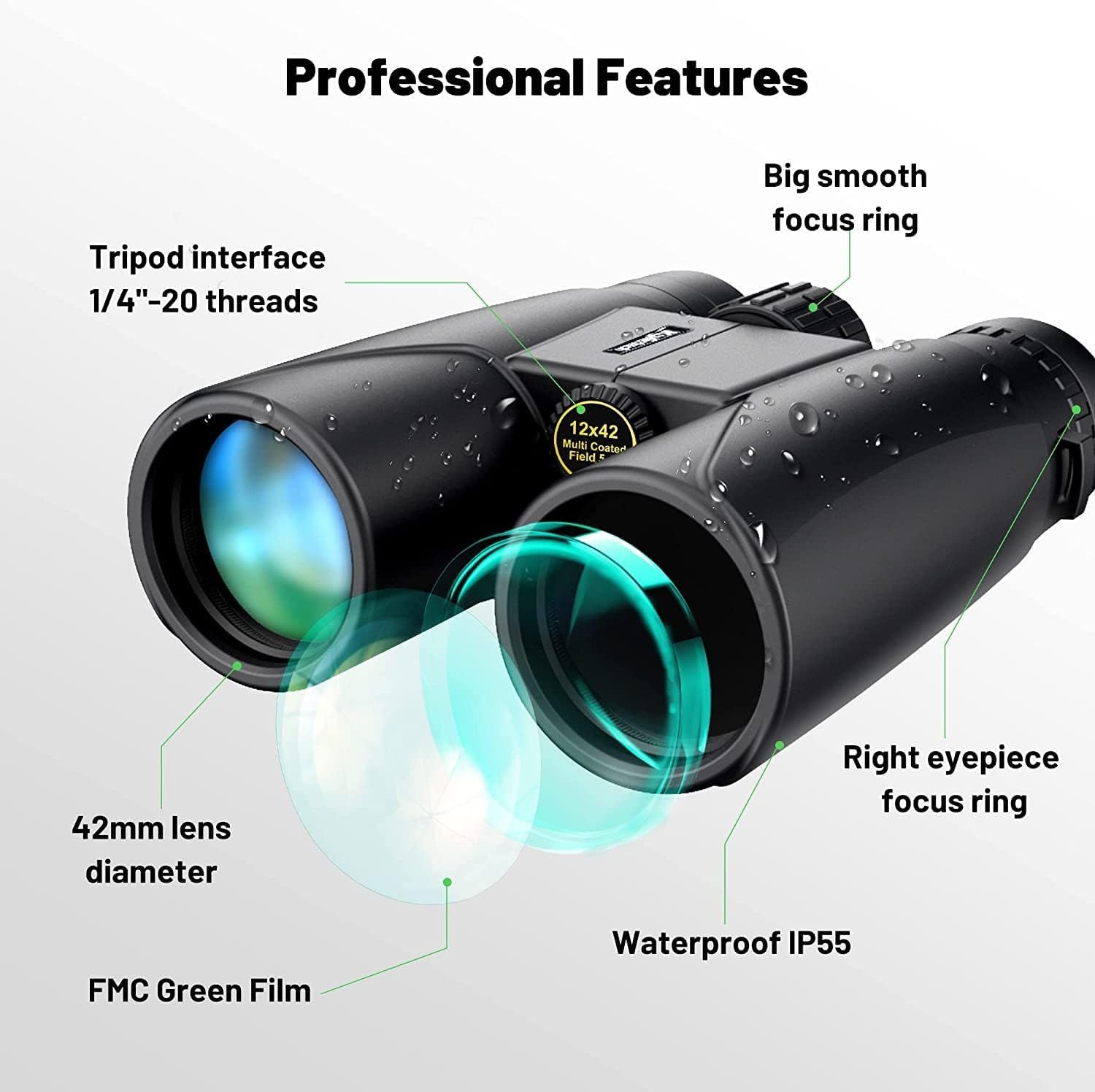 Kylietech Verrekijker 12x42 HD Compacte Verrekijker Waterdicht voor Vogels Kijken, Wandelen, Jagen, Sightseeing, FMC-Lensverrekijker incl. Draagtas, Draagriem en Smartphone-Adapter