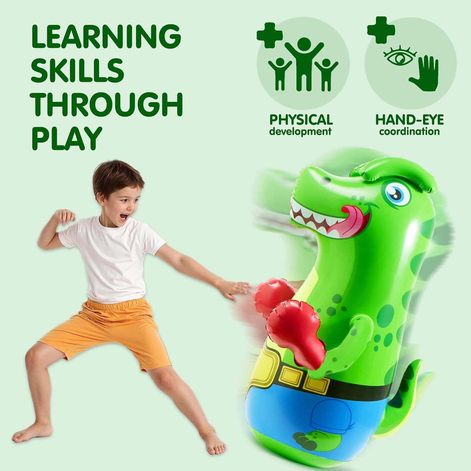 SYNCFUN Bokszak voor kinderen, opblaasbare dinosaurus Bopper 117 cm, vrijstaande bokszak, fitness bokszak stuiteren terug karate geschenken voor jongens en meisjes, zware bokszak voor het oefenen van