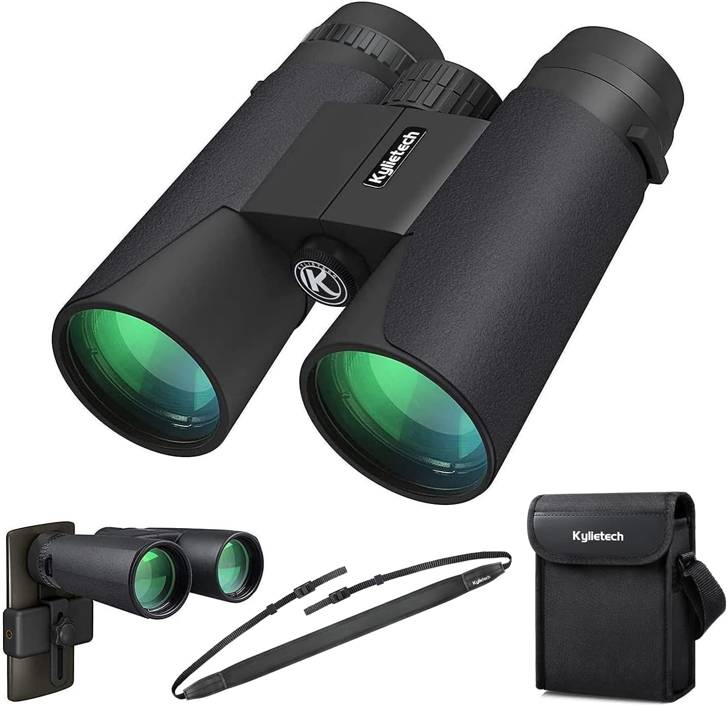 Kylietech Verrekijker 12x42 HD Compacte Verrekijker Waterdicht voor Vogels Kijken, Wandelen, Jagen, Sightseeing, FMC-Lensverrekijker incl. Draagtas, Draagriem en Smartphone-Adapter