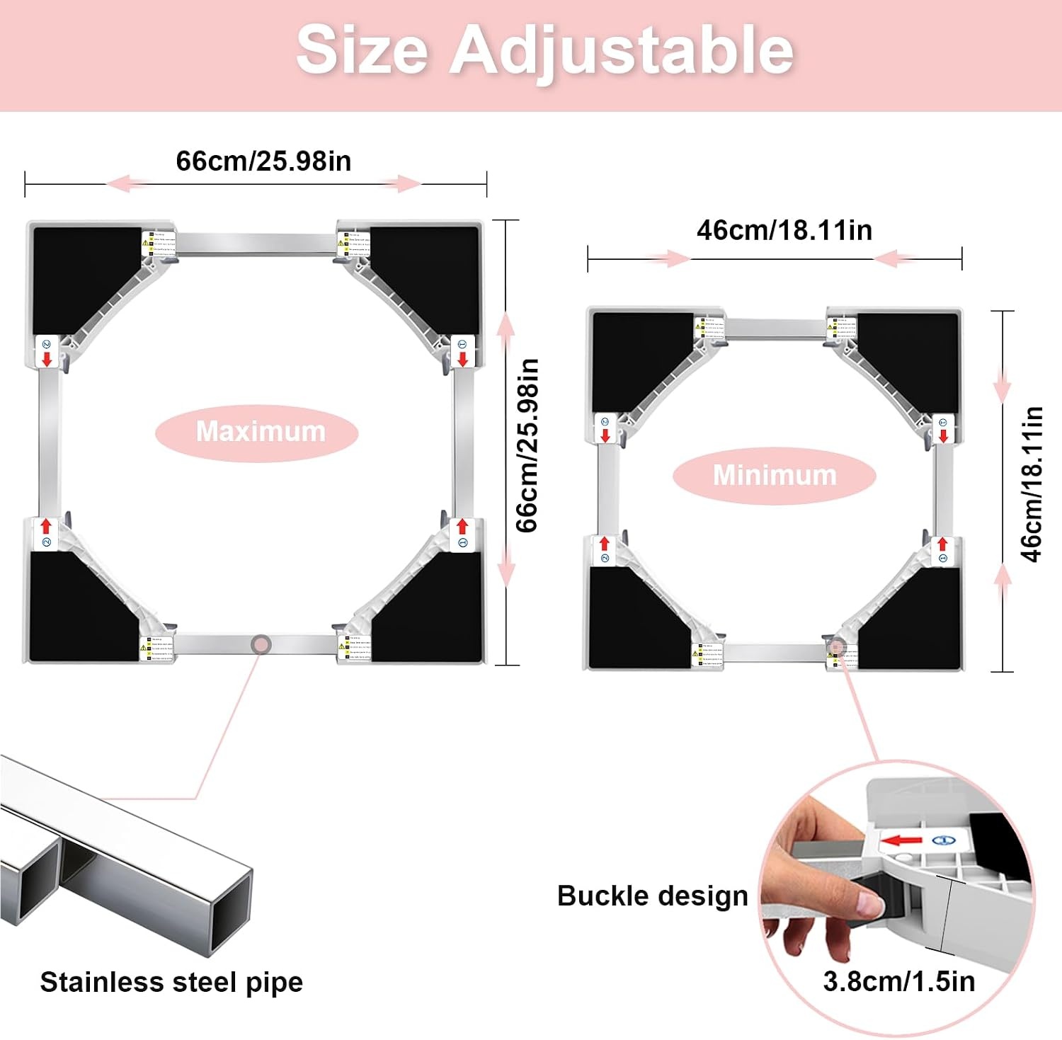 NIUXX Universele set voor wasmachine en droger met rateltouw, universeel tussenframe voor wasmachine en droger, verstelbare maat (46-66 cm) - Maat Kit de apilamiento de tamaño ajustable