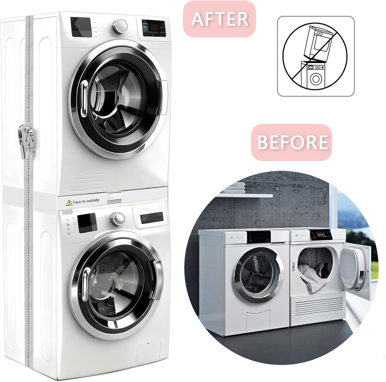 NIUXX Universele set voor wasmachine en droger met rateltouw, universeel tussenframe voor wasmachine en droger, verstelbare maat (46-66 cm) - Maat Kit de apilamiento de tamaño ajustable