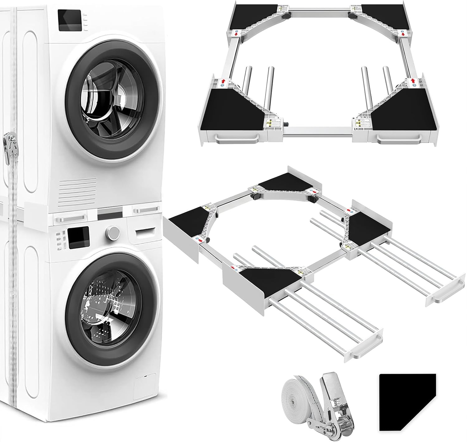 NIUXX Universele set voor wasmachine en droger met rateltouw, universeel tussenframe voor wasmachine en droger, verstelbare maat (46-66 cm) - Maat Kit de apilamiento de tamaño ajustable