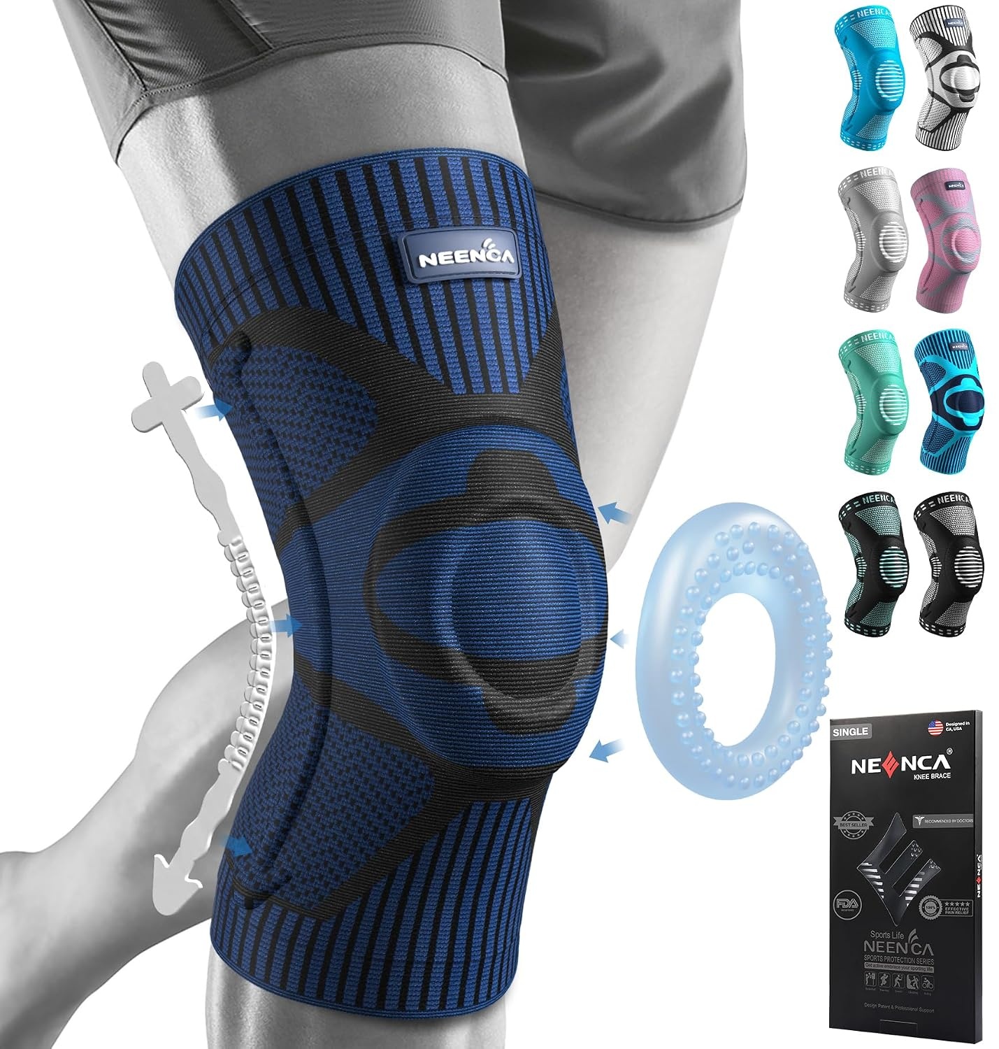 NEENCA Kniebrace, Kniecompressie Sleeve Ondersteuning met Patella Gel Pad & Side Spring Stabilizers, Kniebeschermer voor hardlopen, Meniscus scheur, Artritis, Gezamenlijke Pijn Relief,Letsel Recovery