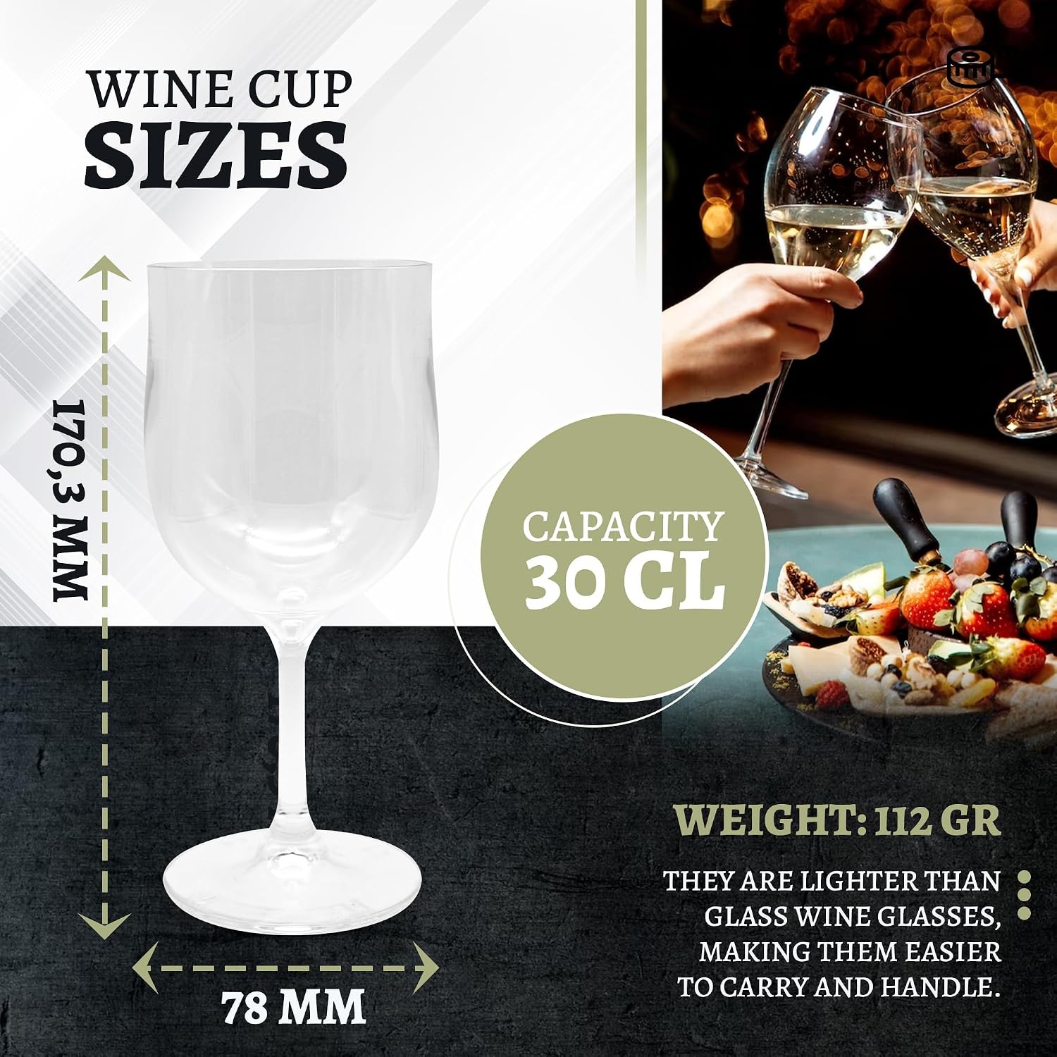 DOJA Barcelona | Transparant polycarbonaat wijnglas | 300 ml | 12 stuks | wijnglazen | 170,3 x 78 x 3 mm | polycarbonaat kunststof bekers | herbruikbare harde plastic bekers | voor wijn, cider ...