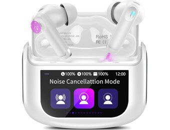 Thunelec Touchscreen Bluetooth hoofdtelefoon, in-ear hoofdtelefoon, draadloze Bluetooth 5.4 met ANC + ENC ruisonderdrukkende microfoon, 48 uur diepe bas, wit