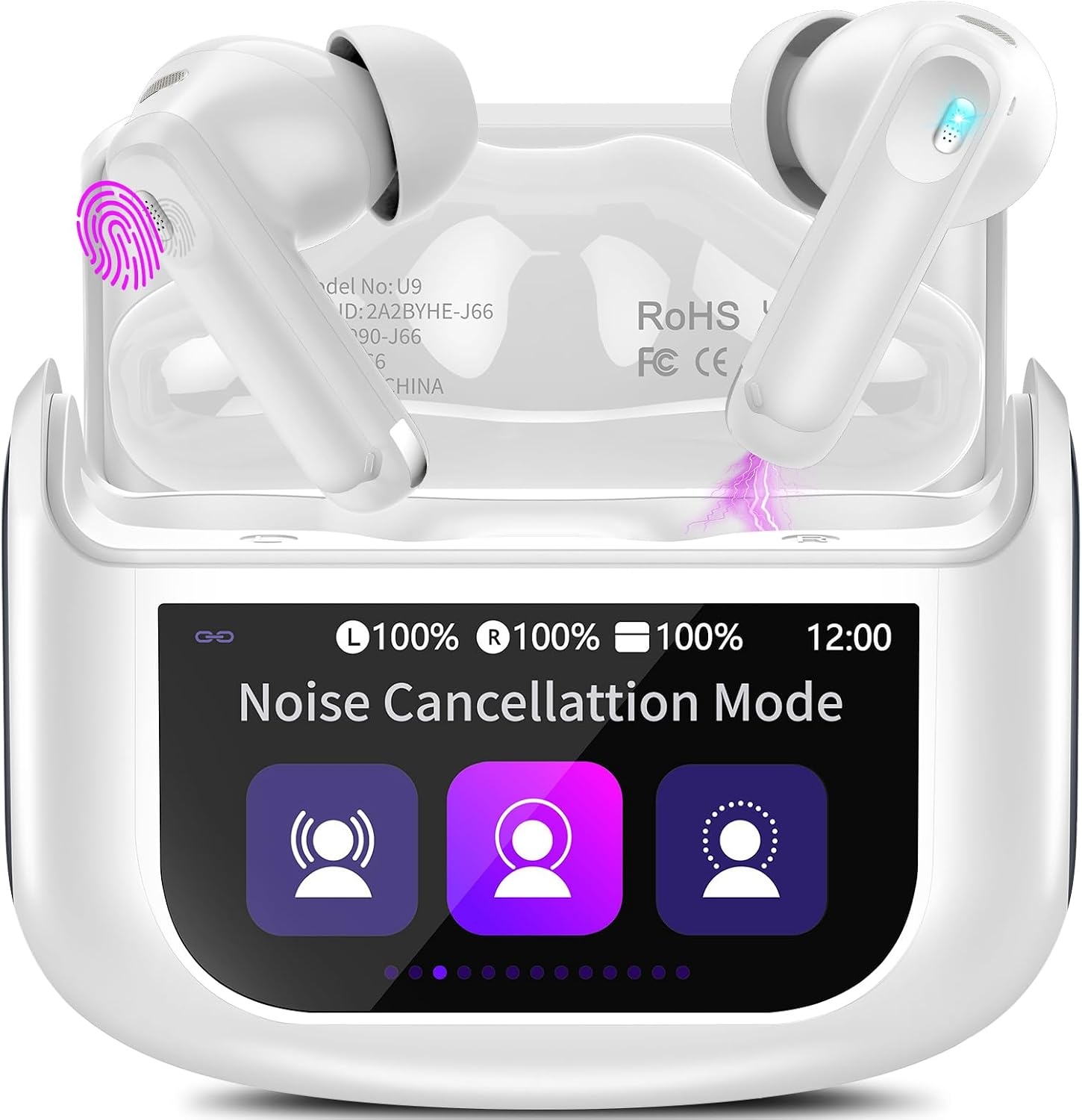Thunelec Touchscreen Bluetooth hoofdtelefoon, in-ear hoofdtelefoon, draadloze Bluetooth 5.4 met ANC + ENC ruisonderdrukkende microfoon, 48 uur diepe bas, wit