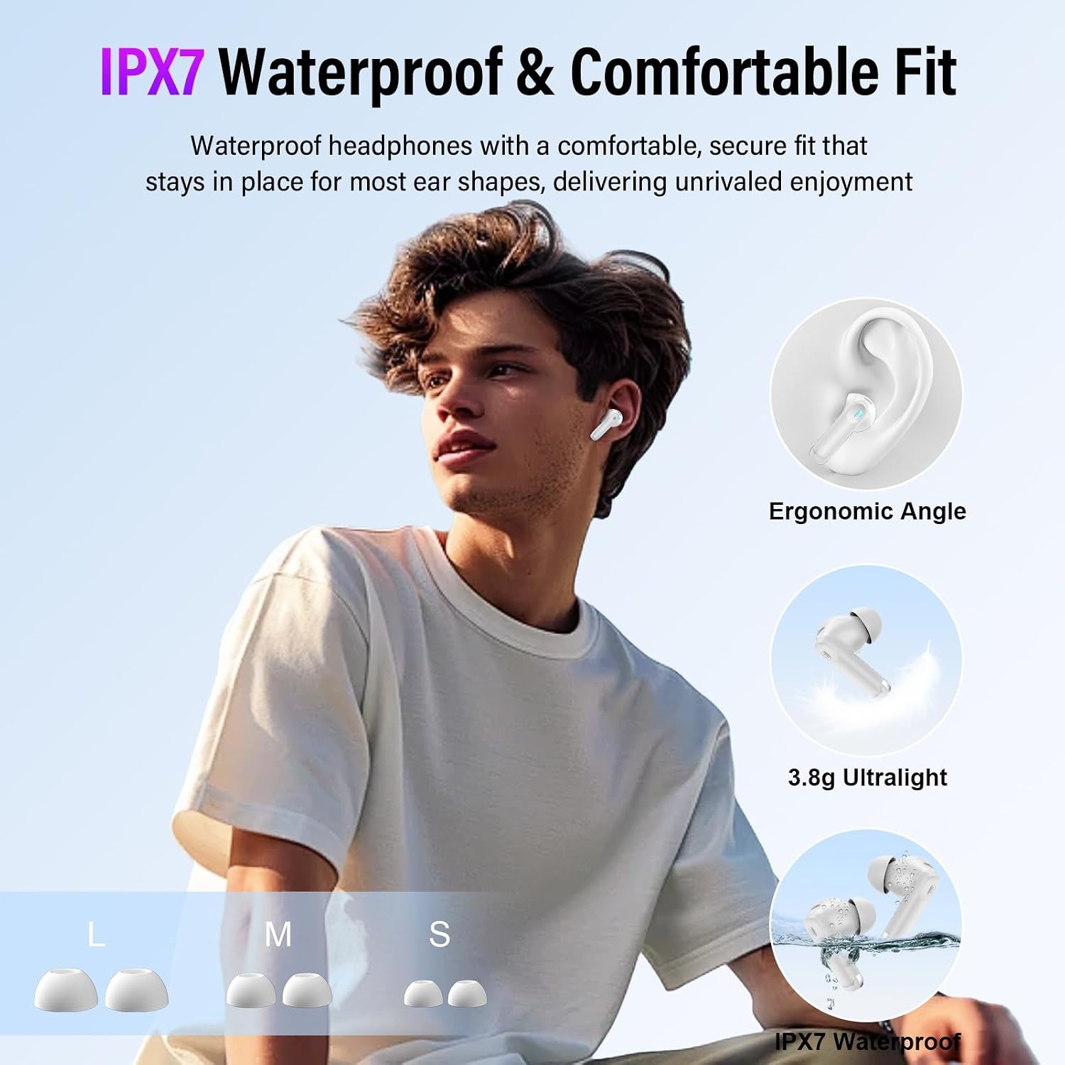 Thunelec Touchscreen Bluetooth hoofdtelefoon, in-ear hoofdtelefoon, draadloze Bluetooth 5.4 met ANC + ENC ruisonderdrukkende microfoon, 48 uur diepe bas, wit