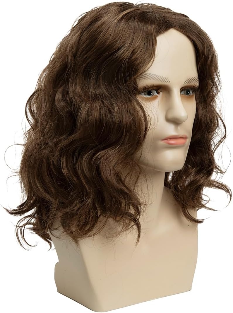 Qinbaeu Krullend middendeel pruik voor mannen bruin kunstmatig kort haar koel middendeel delicate pruik
