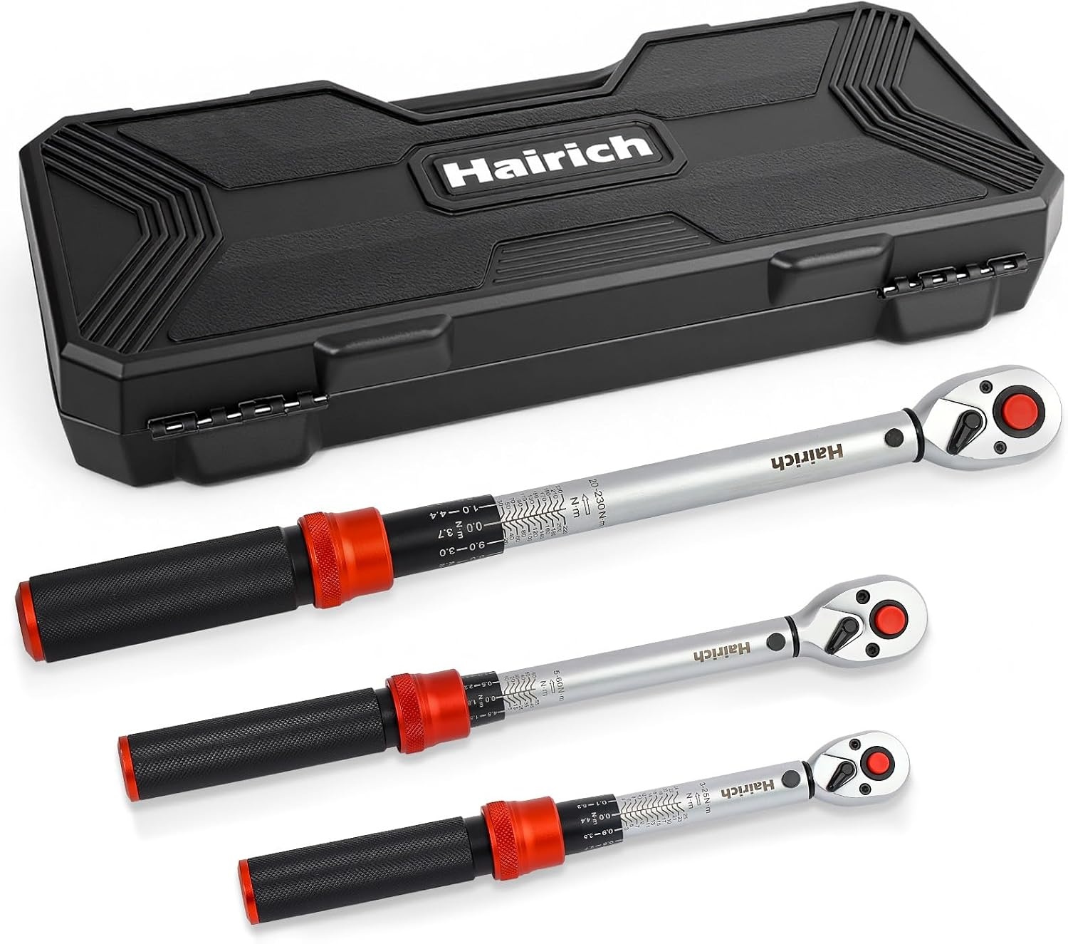 Hairich Momentsleutelset 3-delig | 1/4 inch + 3/8 inch + 1/2 inch | 3-25 Nm, 5-60 Nm, 20-230 Nm | ± 3% nauwkeurigheid | 72-tanden ratelkop | professionele torque wrench voor fiets, auto en motorfiets