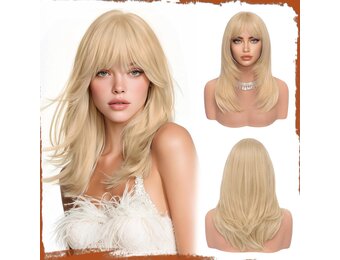 Sofeiyan Lang Glad Haarstuk met Pony, 50 cm Lichtblond Pruik met Laagjeseffect, Pruiken van Natuurlijk Kunsthaar voor Vrouwen, Geschikt voor Dagelijks, Feestjes en Cosplay - Maat 50 cm