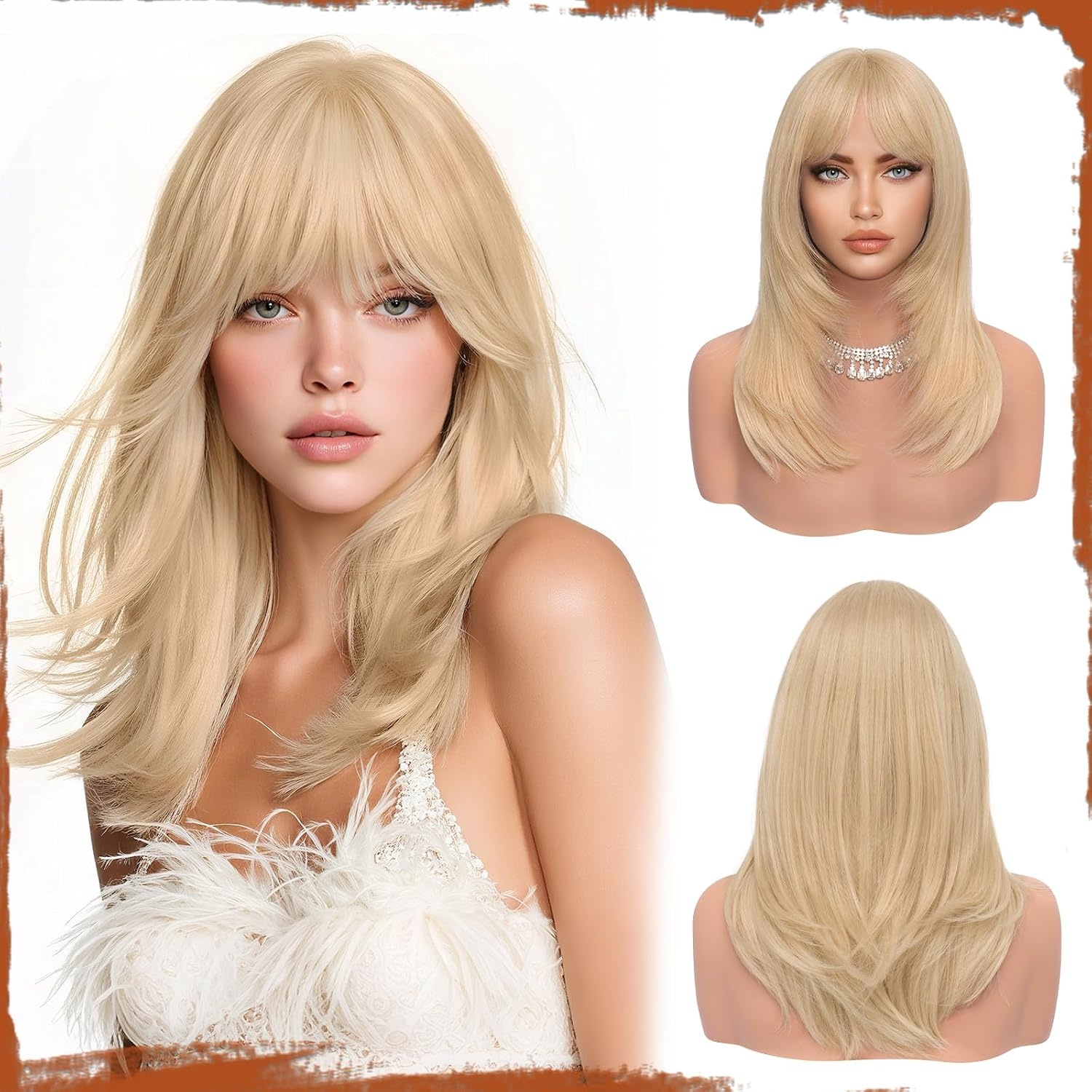 Sofeiyan Lang Glad Haarstuk met Pony, 50 cm Lichtblond Pruik met Laagjeseffect, Pruiken van Natuurlijk Kunsthaar voor Vrouwen, Geschikt voor Dagelijks, Feestjes en Cosplay - Maat 50 cm