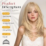 Sofeiyan Lang Glad Haarstuk met Pony, 50 cm Lichtblond Pruik met Laagjeseffect, Pruiken van Natuurlijk Kunsthaar voor Vrouwen, Geschikt voor Dagelijks, Feestjes en Cosplay - Maat 50 cm