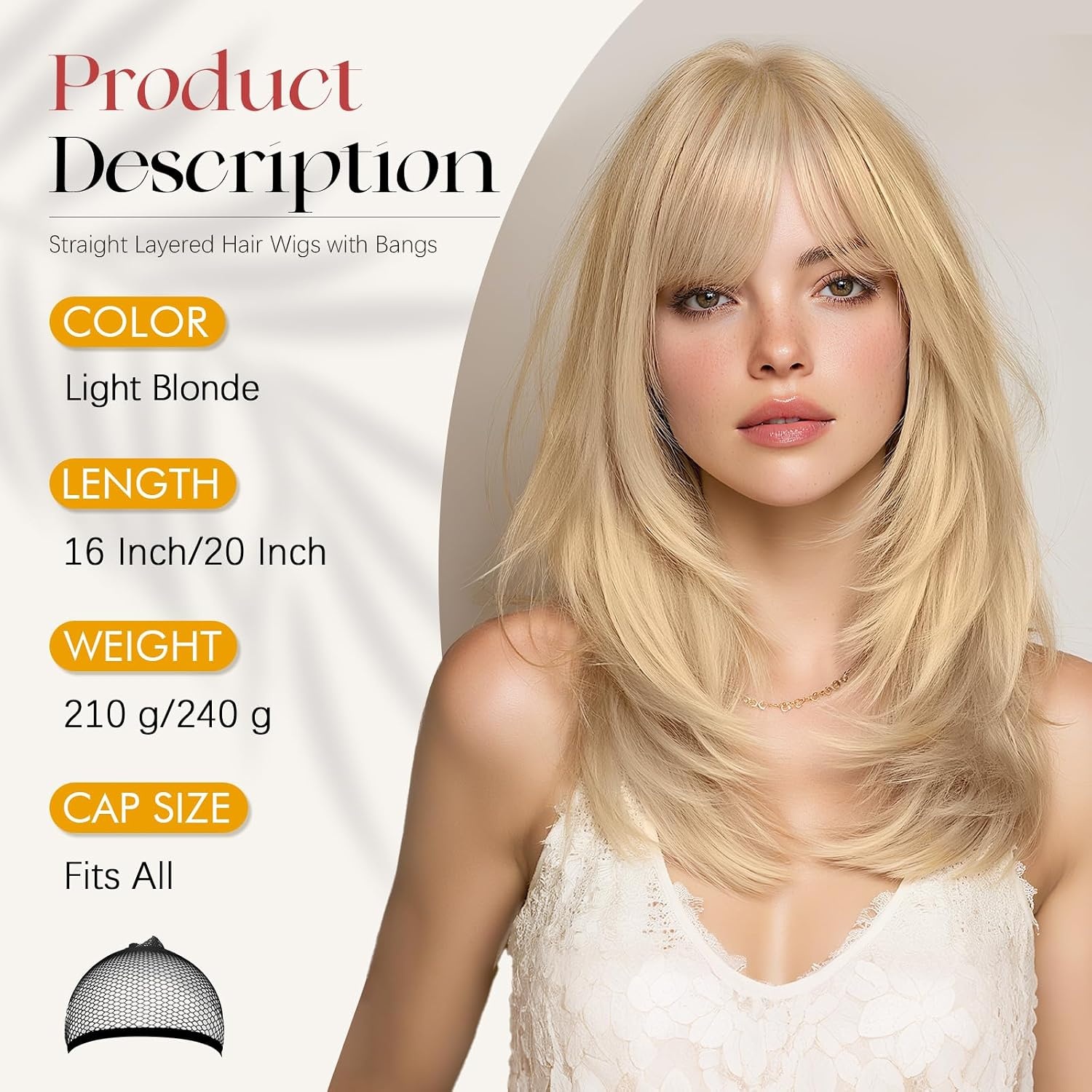 Sofeiyan Lang Glad Haarstuk met Pony, 50 cm Lichtblond Pruik met Laagjeseffect, Pruiken van Natuurlijk Kunsthaar voor Vrouwen, Geschikt voor Dagelijks, Feestjes en Cosplay - Maat 50 cm